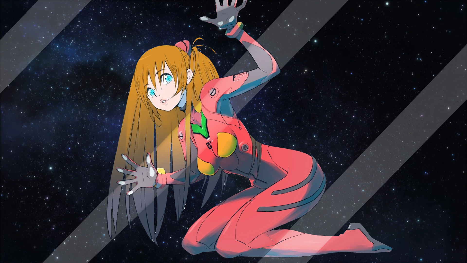 glass, Asuka Langley Soryu, space, bodysuit, stars, long hair, anime girls, blue eyes, Neon Genesis Evangelion, slim body, plugsuit, kneeling, skinny, redhead HD Wallpaper