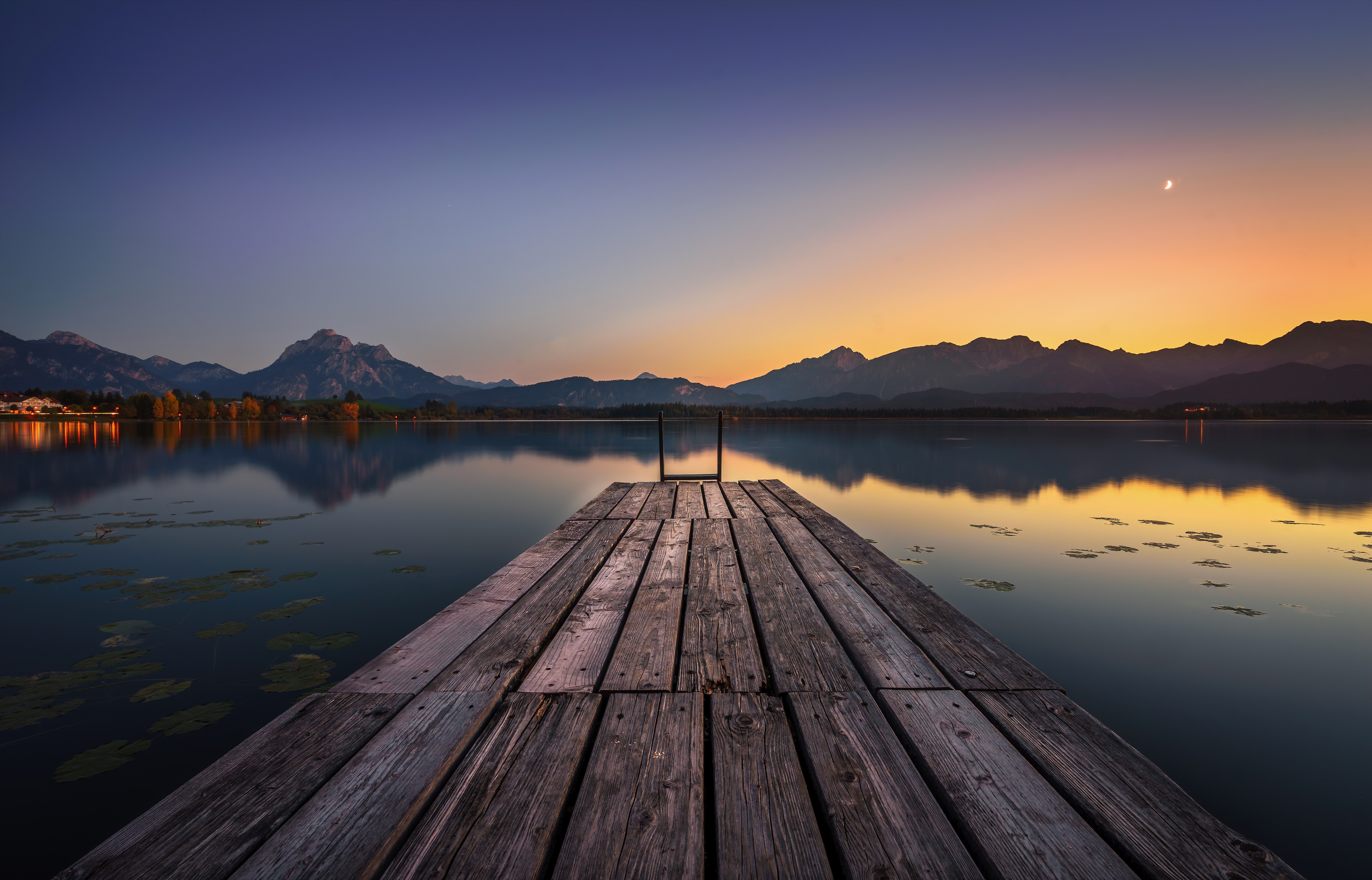 4K, reflection, ladder, sunset, trees, water, photography, lily pads, nature, lights, pier, Hopfensee, Timo Gebel, landscape, mountains, crescent moon, Säuling, outdoors HD Wallpaper