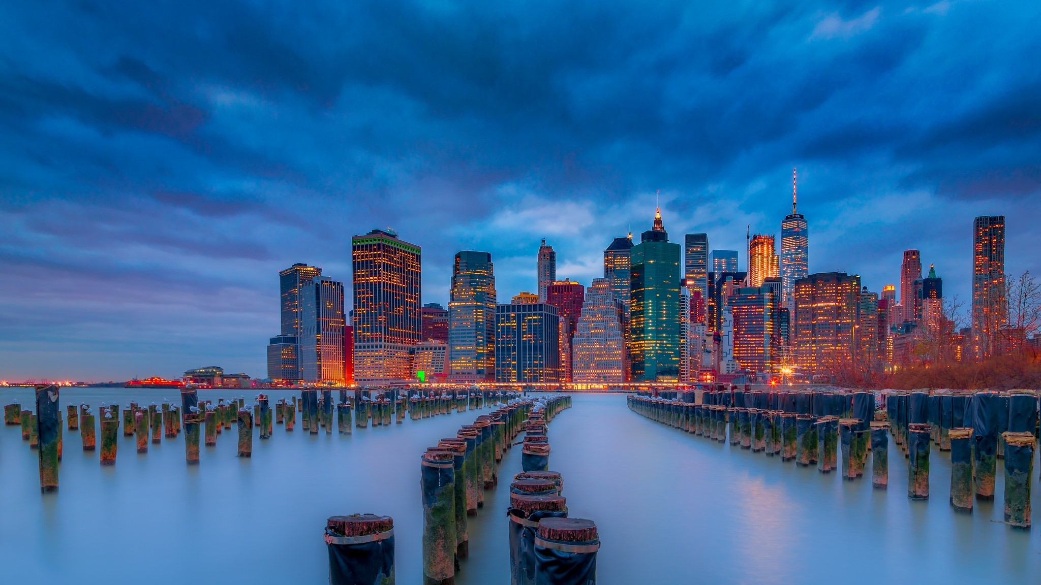 city, sky, lights, cityscape, evening, clouds, USA, Manhattan, building, sunset, East River, skyscraper, New York City HD Wallpaper