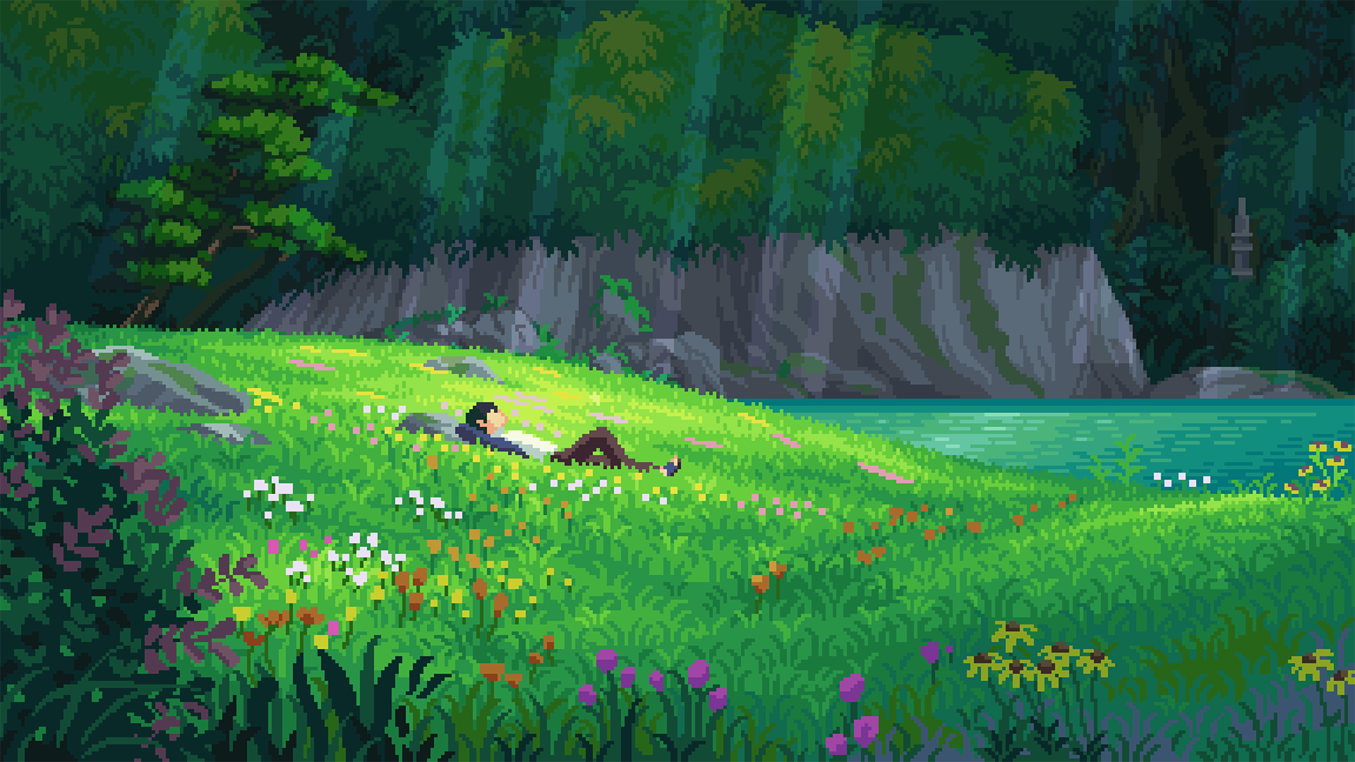 grass, flowers, water, anime, trees HD Wallpaper