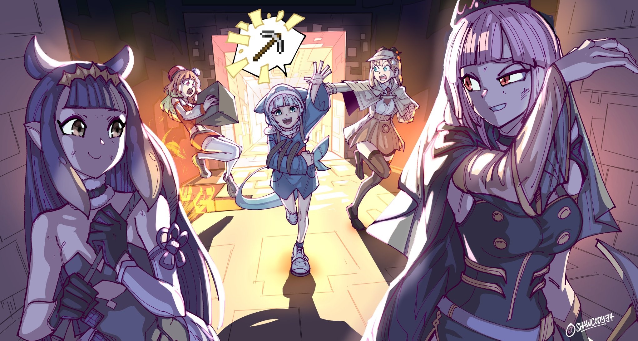Gawr Gura, Virtual Youtuber, anime girls, Ninomae Inanis, Mori Calliope, Takanashi Kiara, Watson Amelia, Minecraft, Hololive HD Wallpaper
