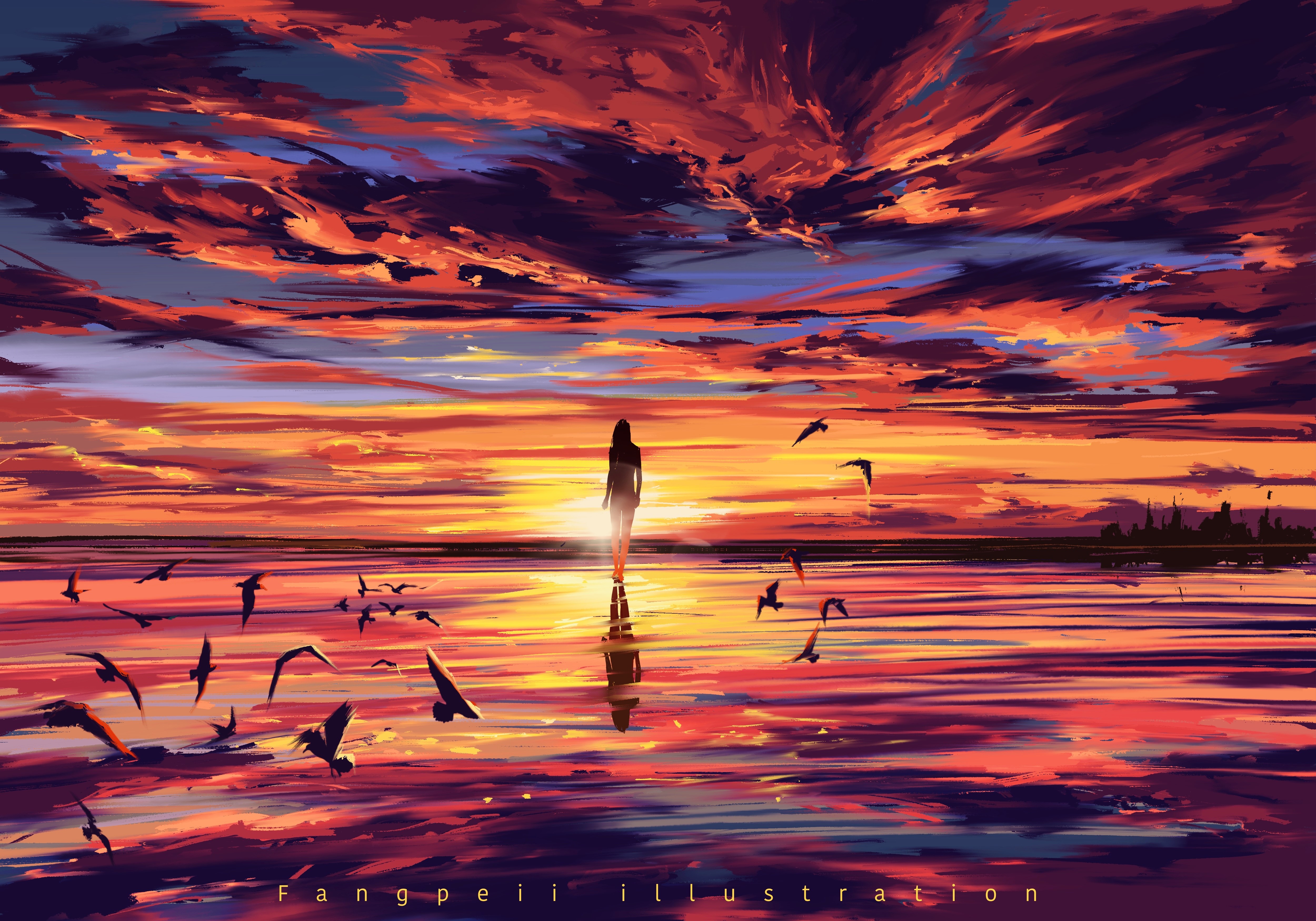 4K, Fangpeii, sunset, women, landscape, digital art HD Wallpaper