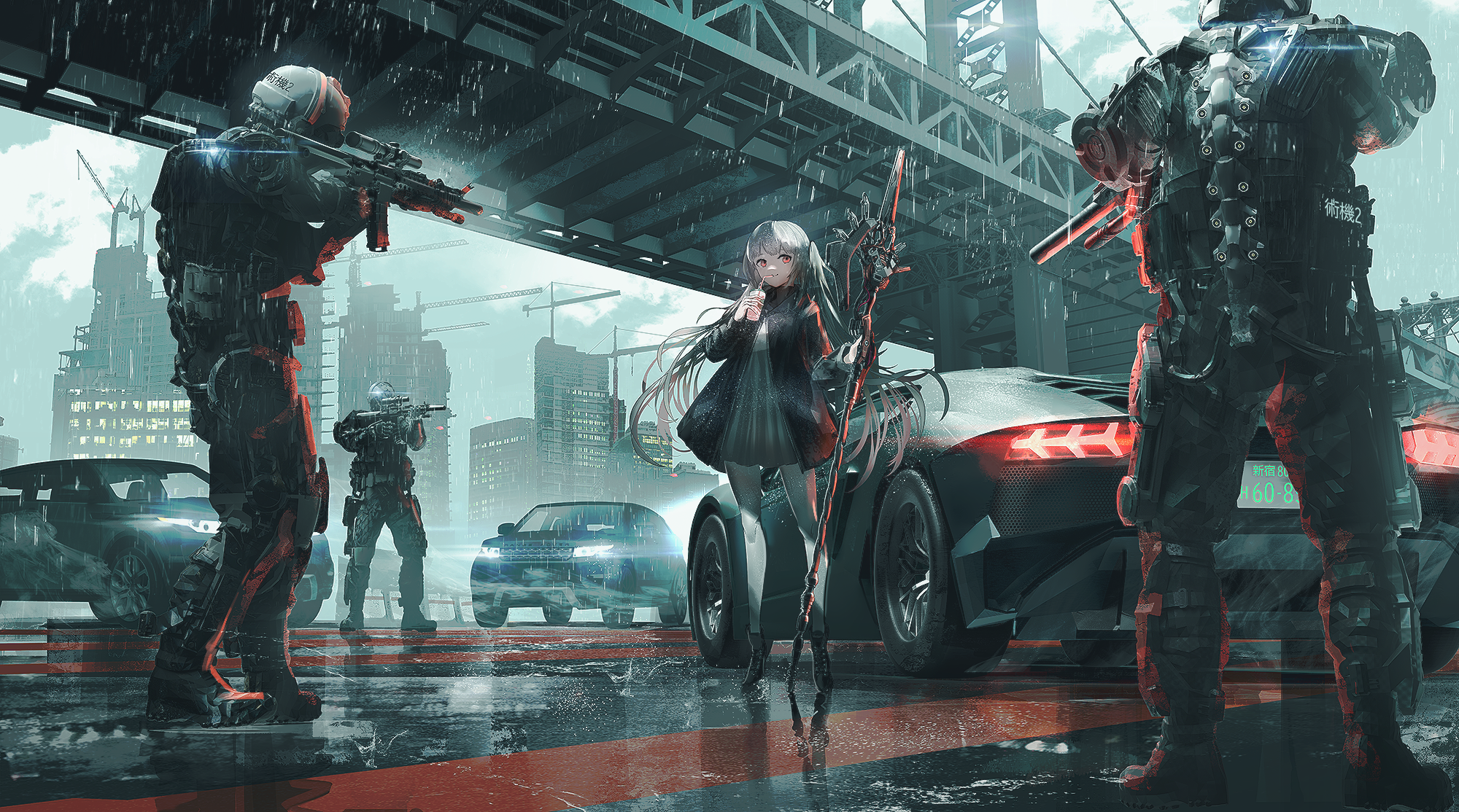 Anime Girl with Futuristic Soldiers in Rainy City HD Wallpaper