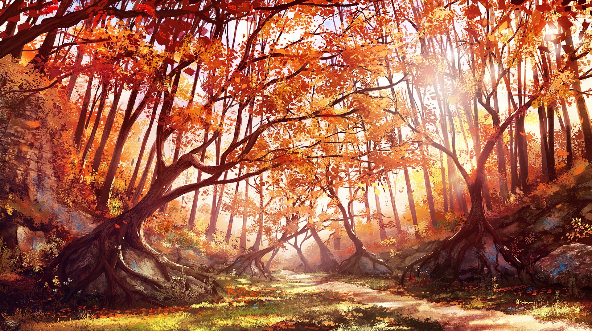 artwork, nature, digital art, Renaud Perochon, trees HD Wallpaper