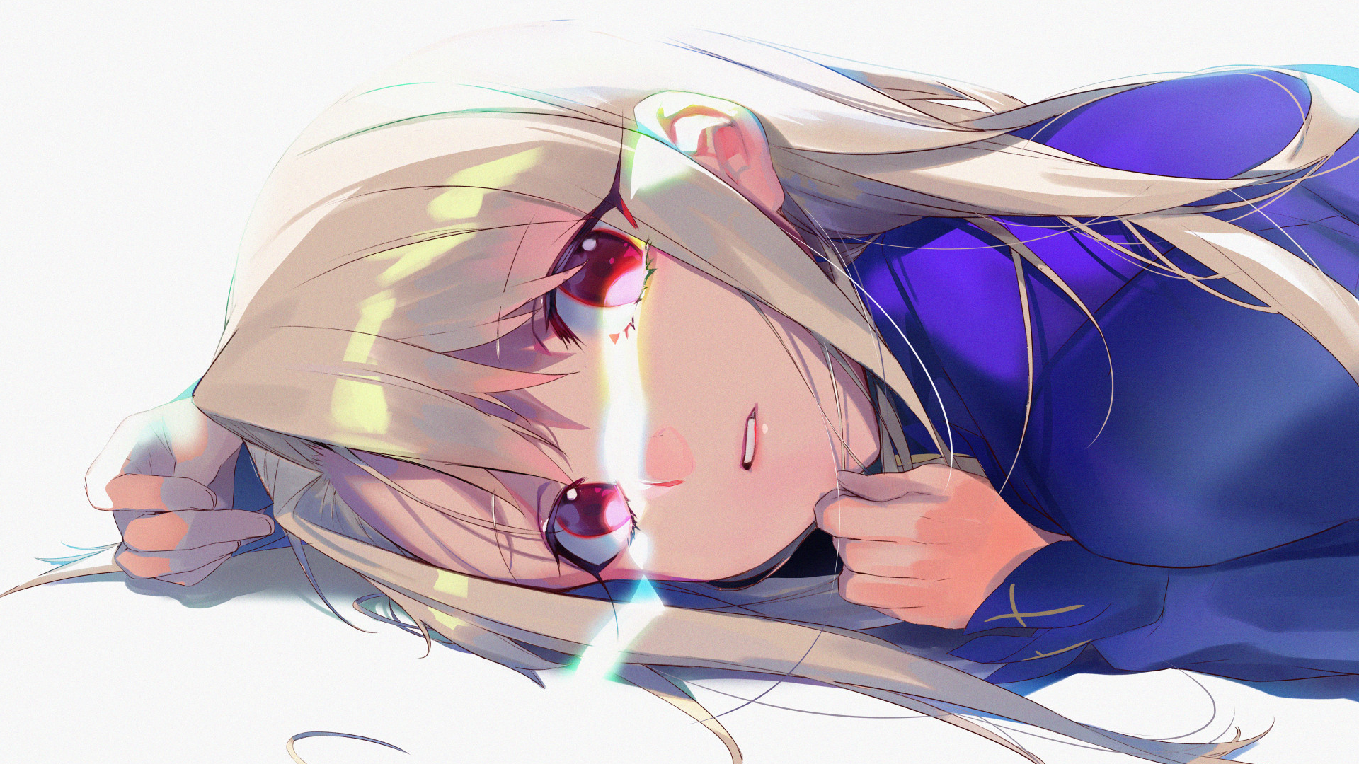 Imp, anime, blonde, schoolgirl, lying on front, Fate Series, Fate/Stay Night, Illyasviel von Einzbern, white hair, anime girls, red eyes HD Wallpaper