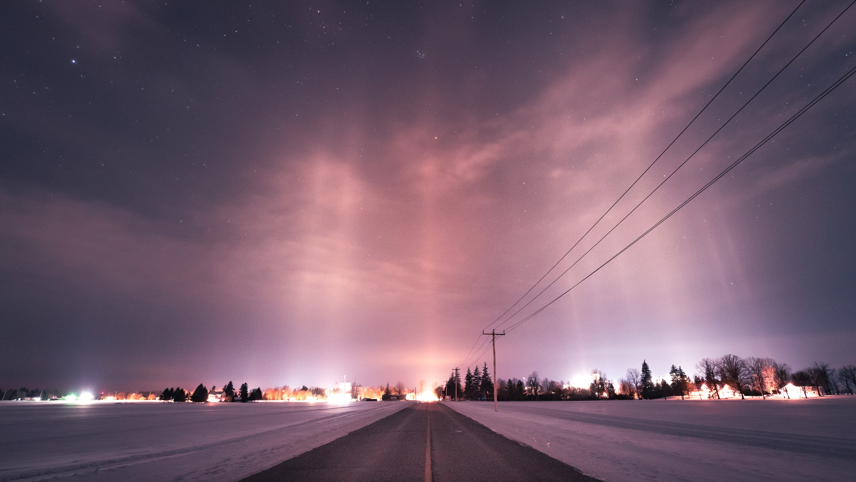 road, snow, stars, winter, lights, sky HD Wallpaper