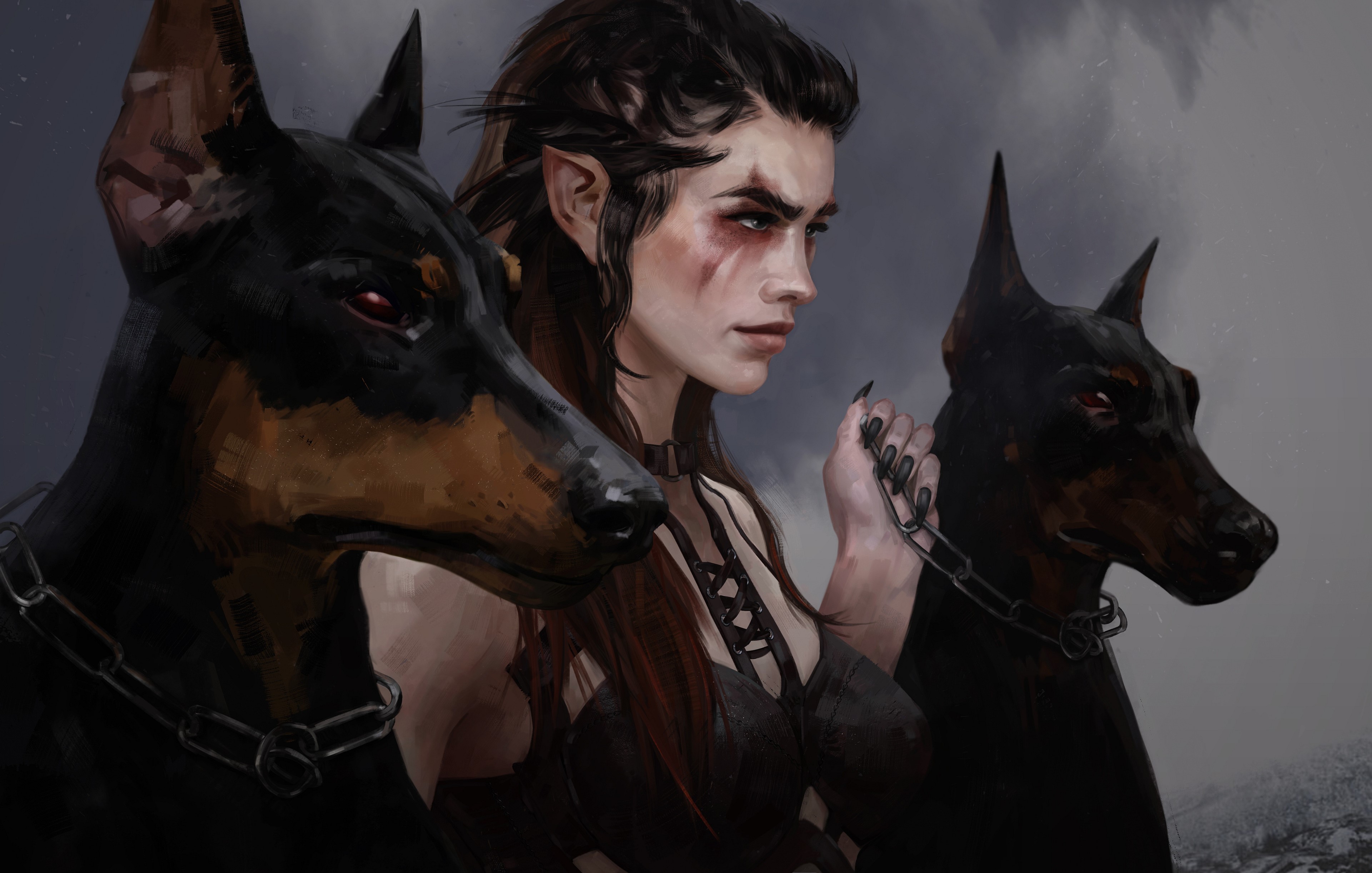 4K, digital painting, women, side view, dog, artwork, black nails, chains, pointed ears, Ekaterina Trofimova, hounds, ArtStation, brunette, drawing, pet, digital art HD Wallpaper
