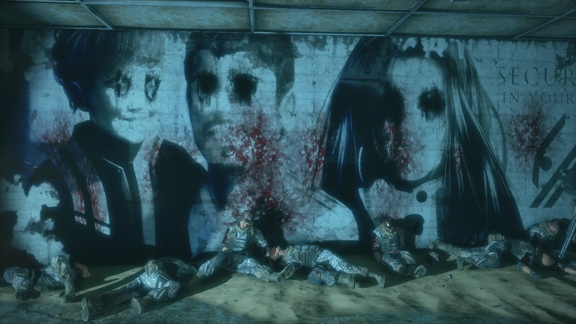 screen shot, graffiti, horror, garbage_edit, blue HD Wallpaper