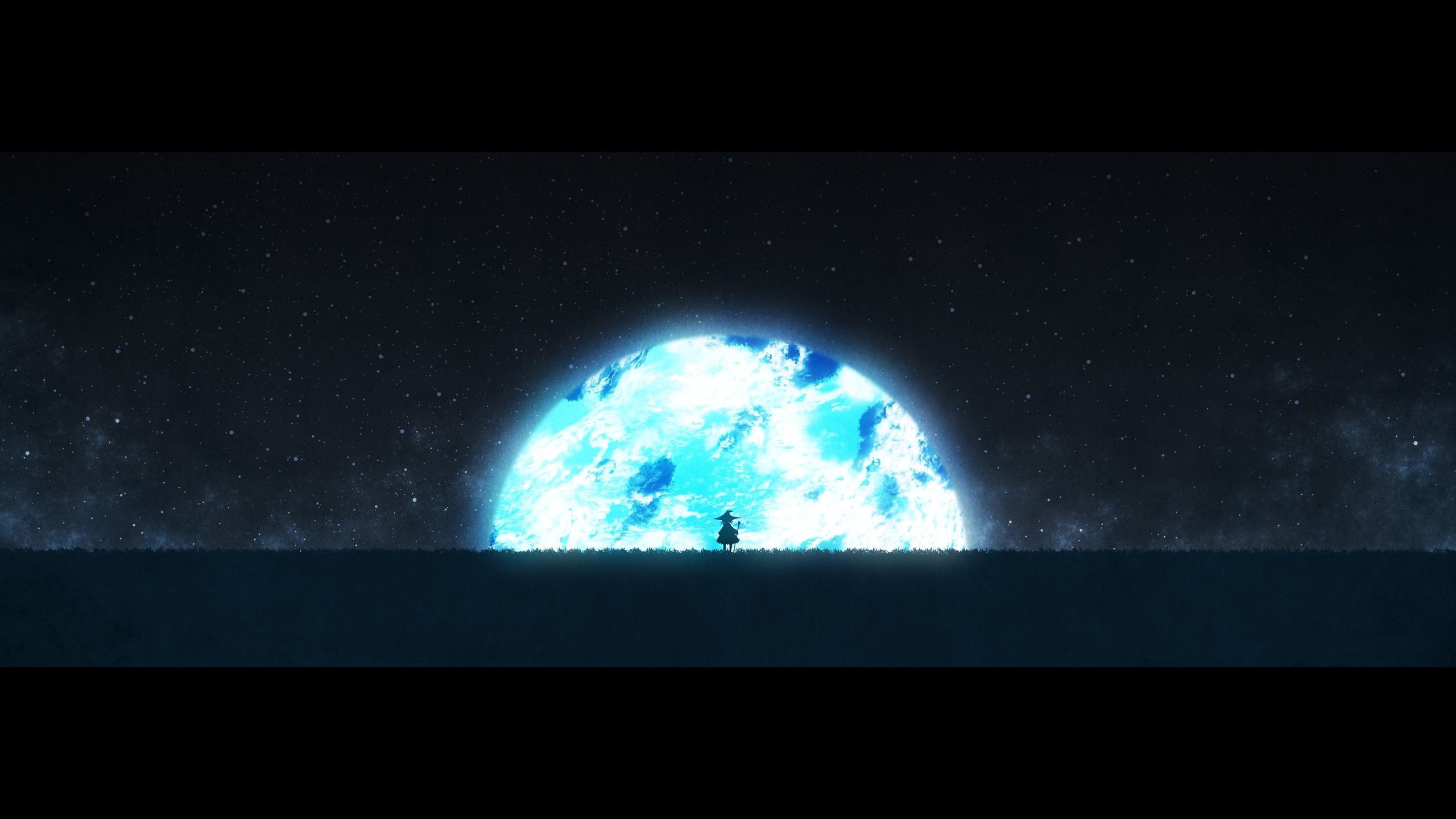 starry night, anime girls, planet, landscape, sky, fantasy art, night HD Wallpaper