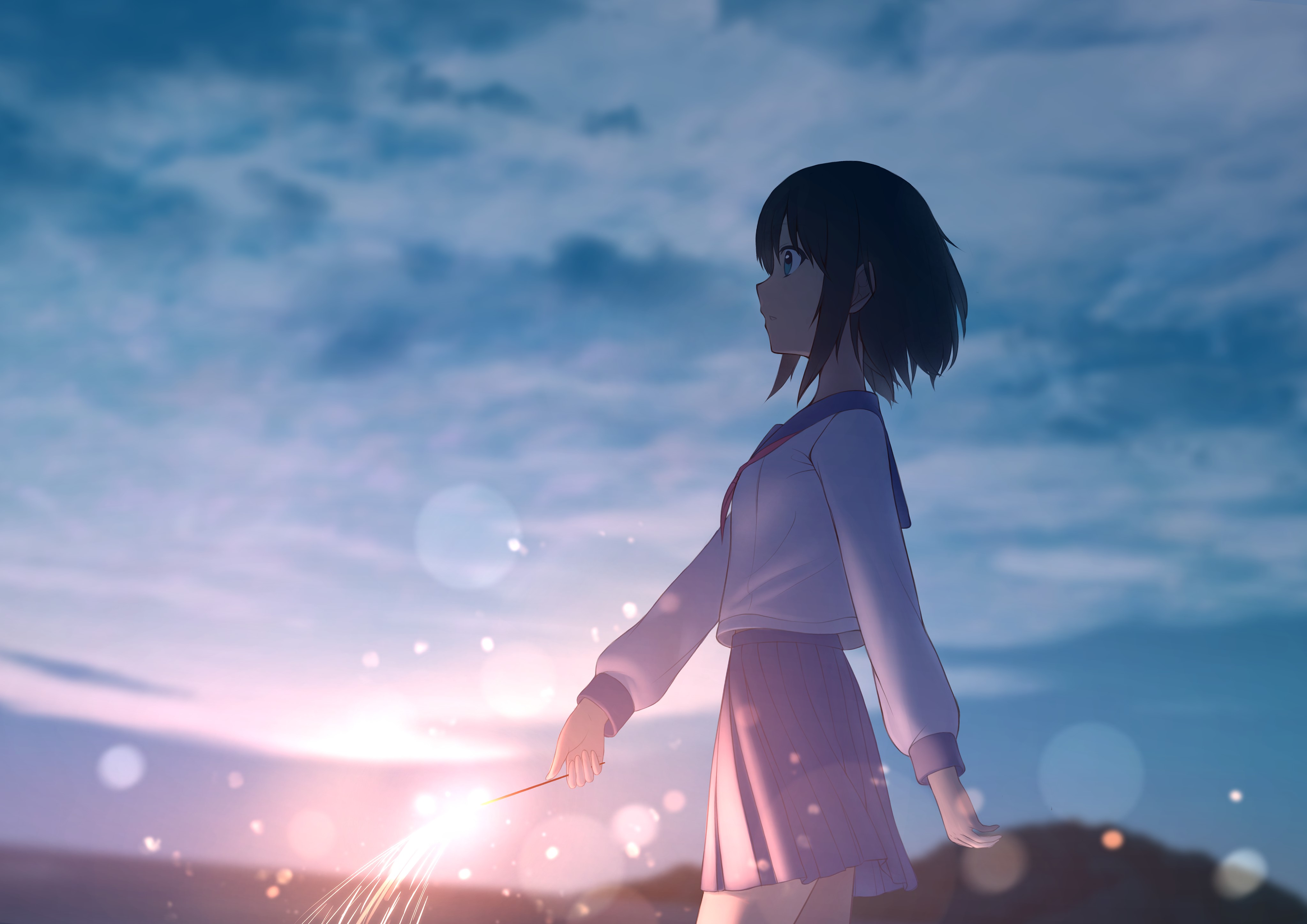 4K, anime girls, anime, school uniform, short hair HD Wallpaper