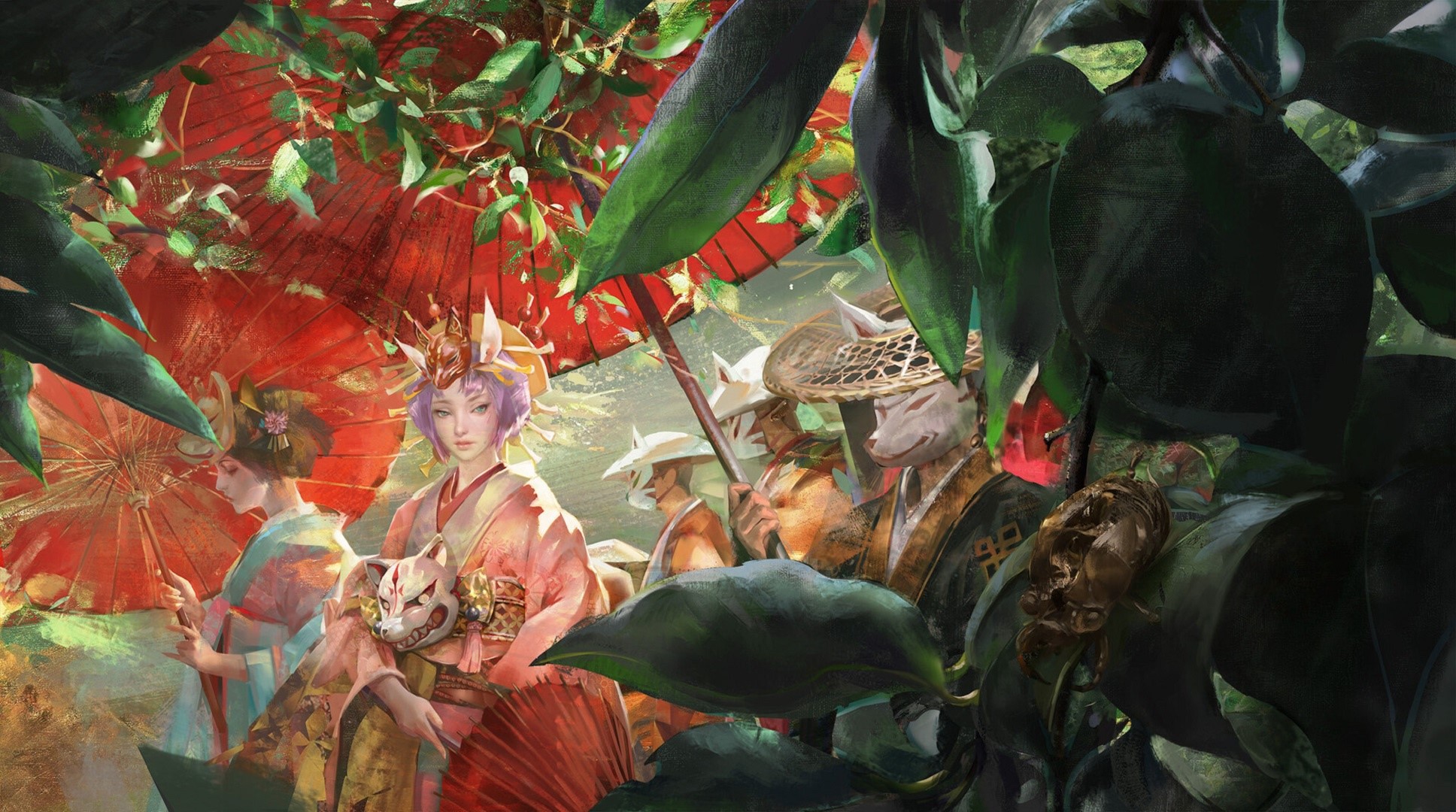 women, fantasy art, artwork, kimono, fox, fantasy girl, Asian, hat, umbrella, red umbrella, leaves HD Wallpaper