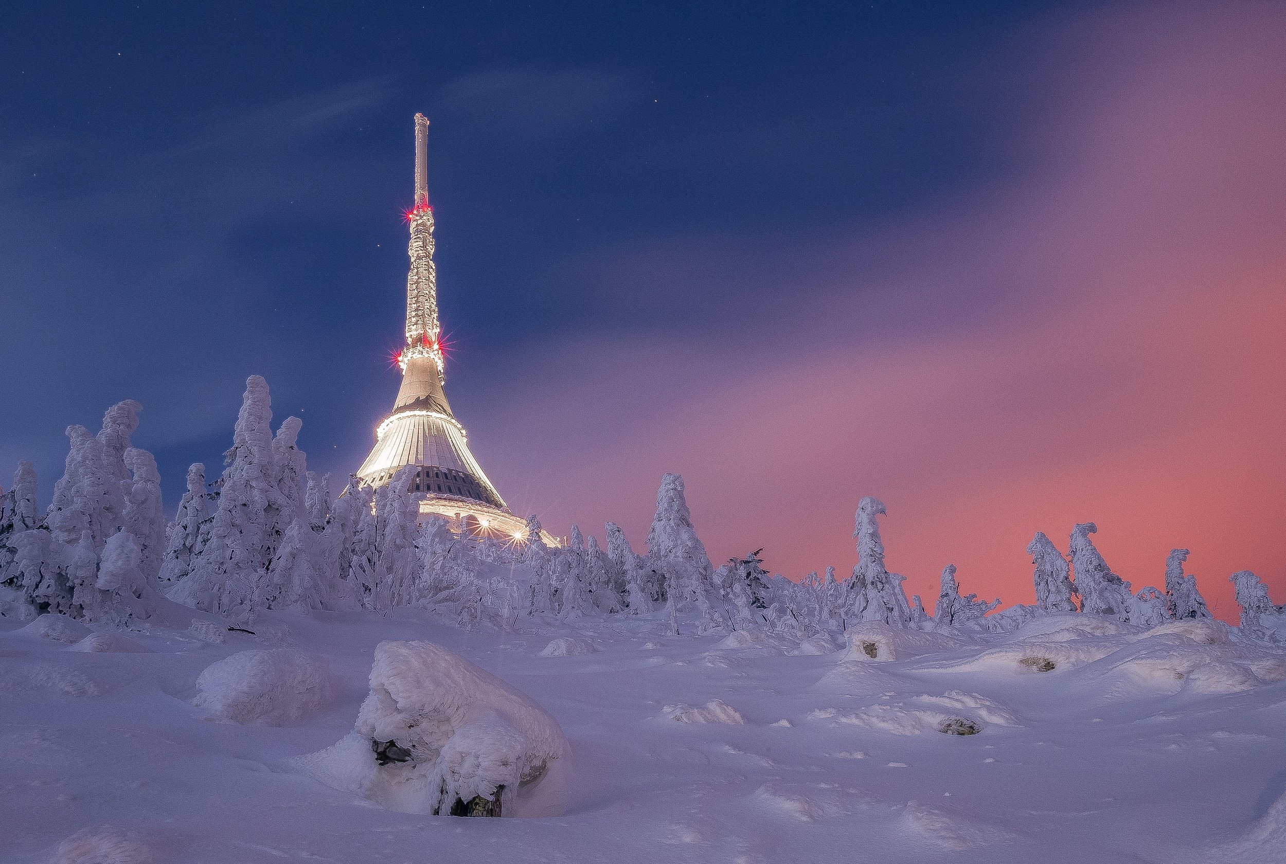 snow, clouds, landscape, night, building, lights, sky, trees, nature, winter, Czech Republic HD Wallpaper