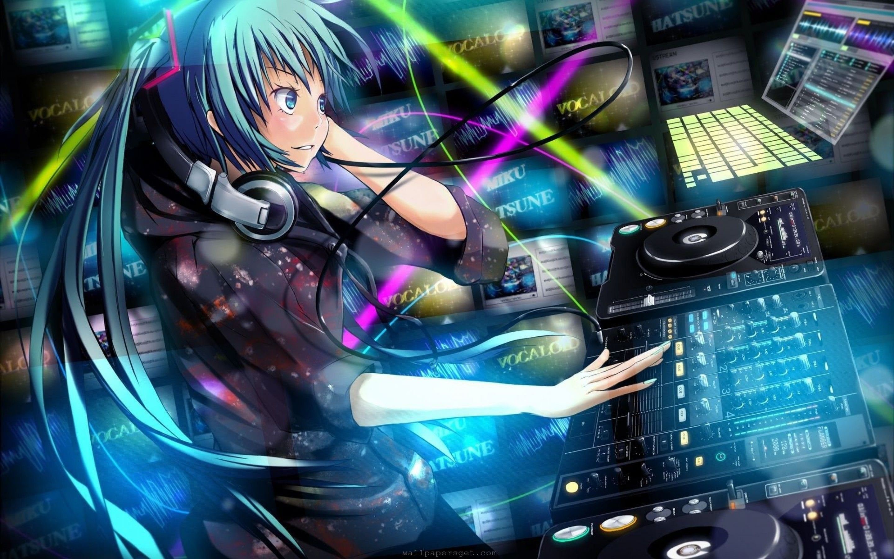 blue eyes, anime, DJ, Vocaloid, anime girls, blue hair, Hatsune Miku HD Wallpaper