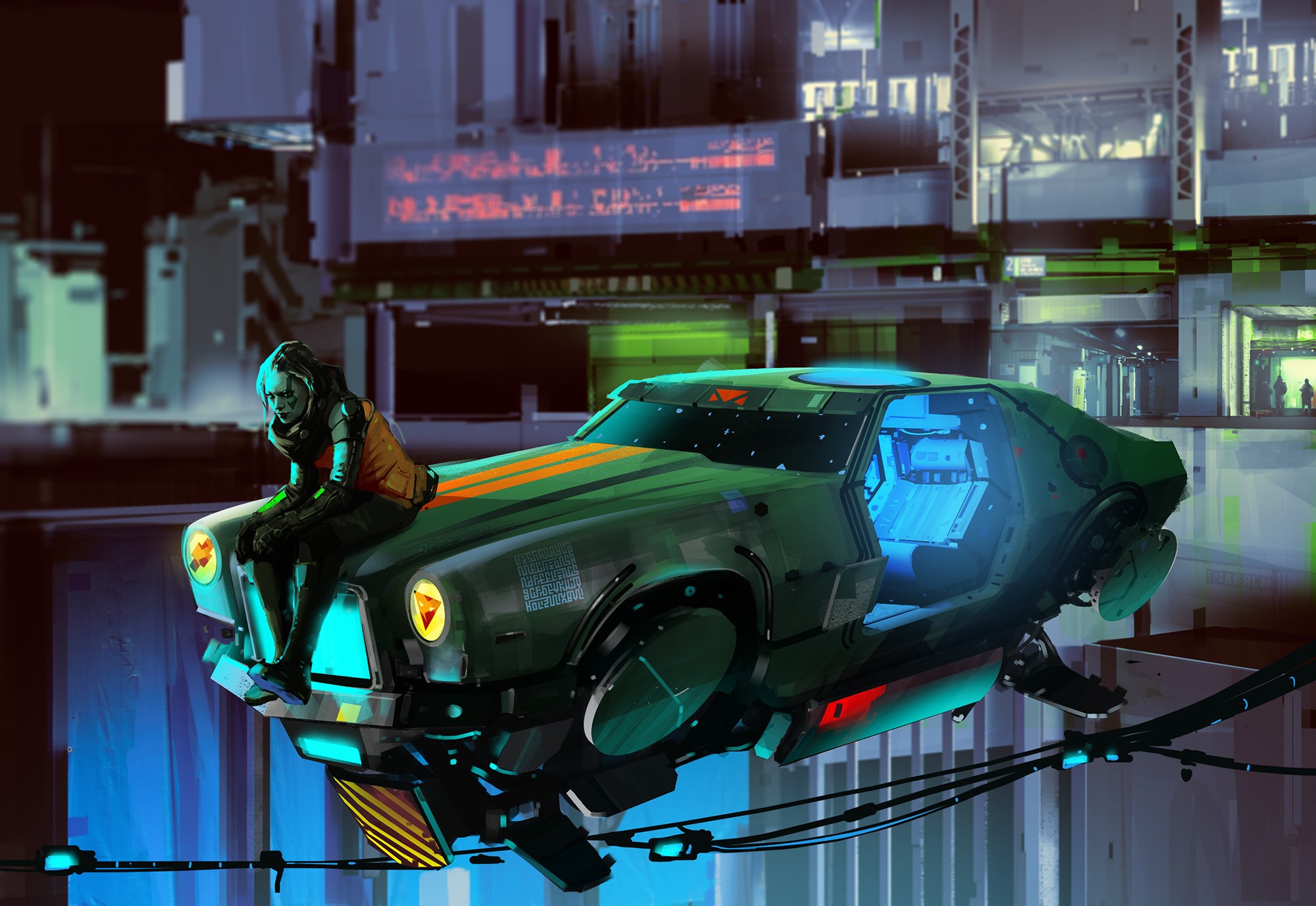 digital art, cyberpunk, sitting, futuristic, car, women, ArtStation, artwork, Bogdan Tufecciu, drawing HD Wallpaper