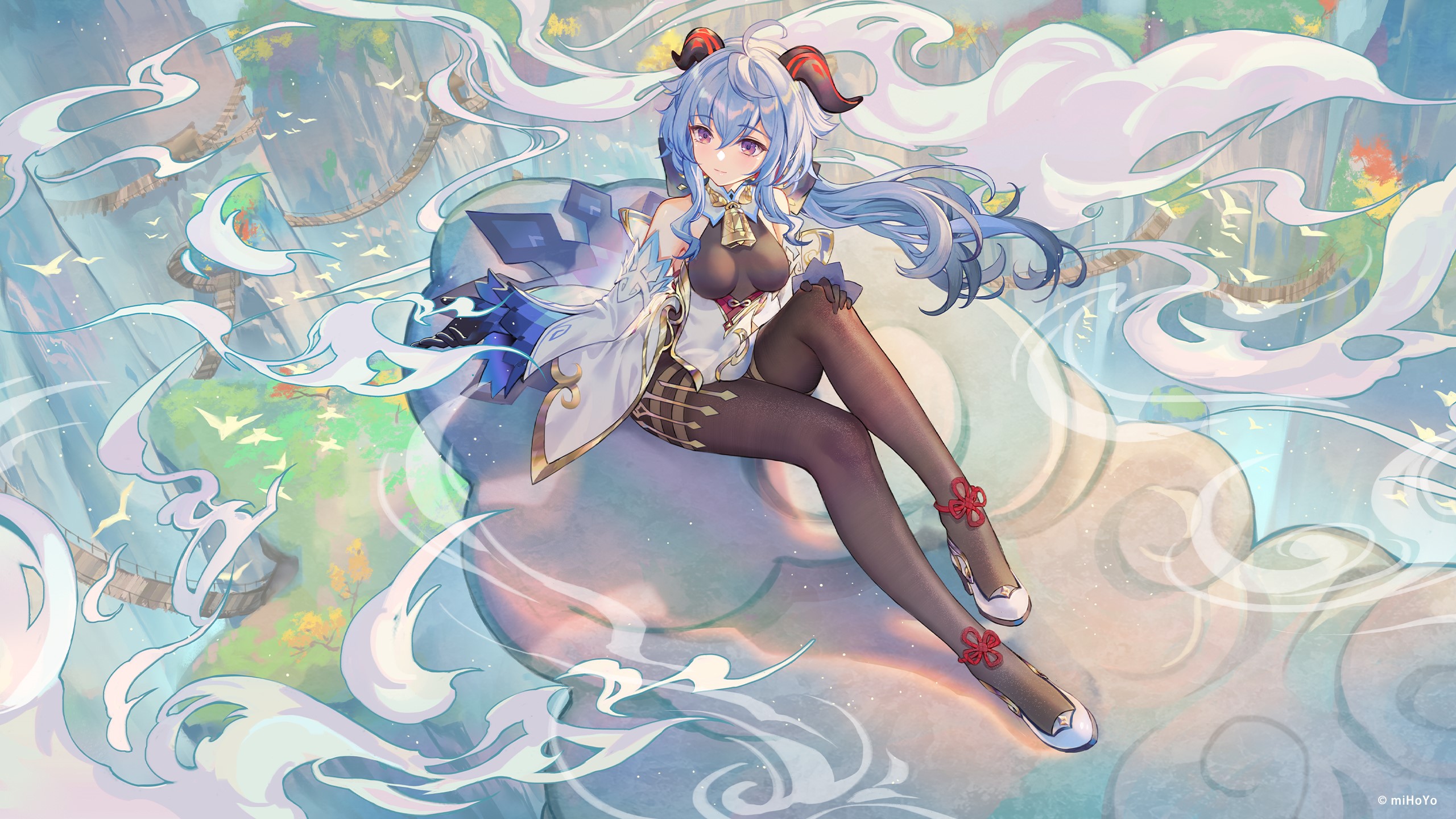 blue hair, Genshin Impact, Atdan, anime girls, purple eyes, Ganyu (Genshin Impact), horns, bodysuit, bodystockings HD Wallpaper