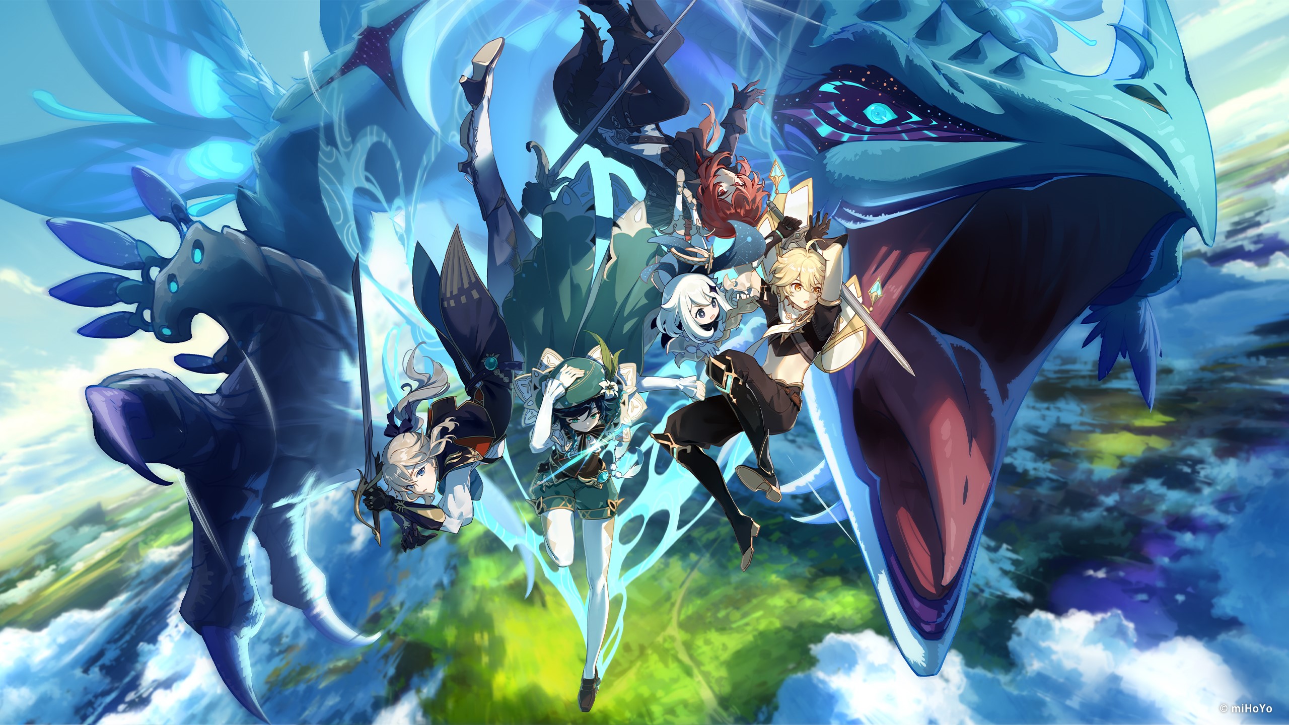 Diluc (Genshin Impact), anime girls, fantasy girl, group of women, Jean (Genshin Impact), Genshin Impact, fantasy art, girls with swords, anime HD Wallpaper