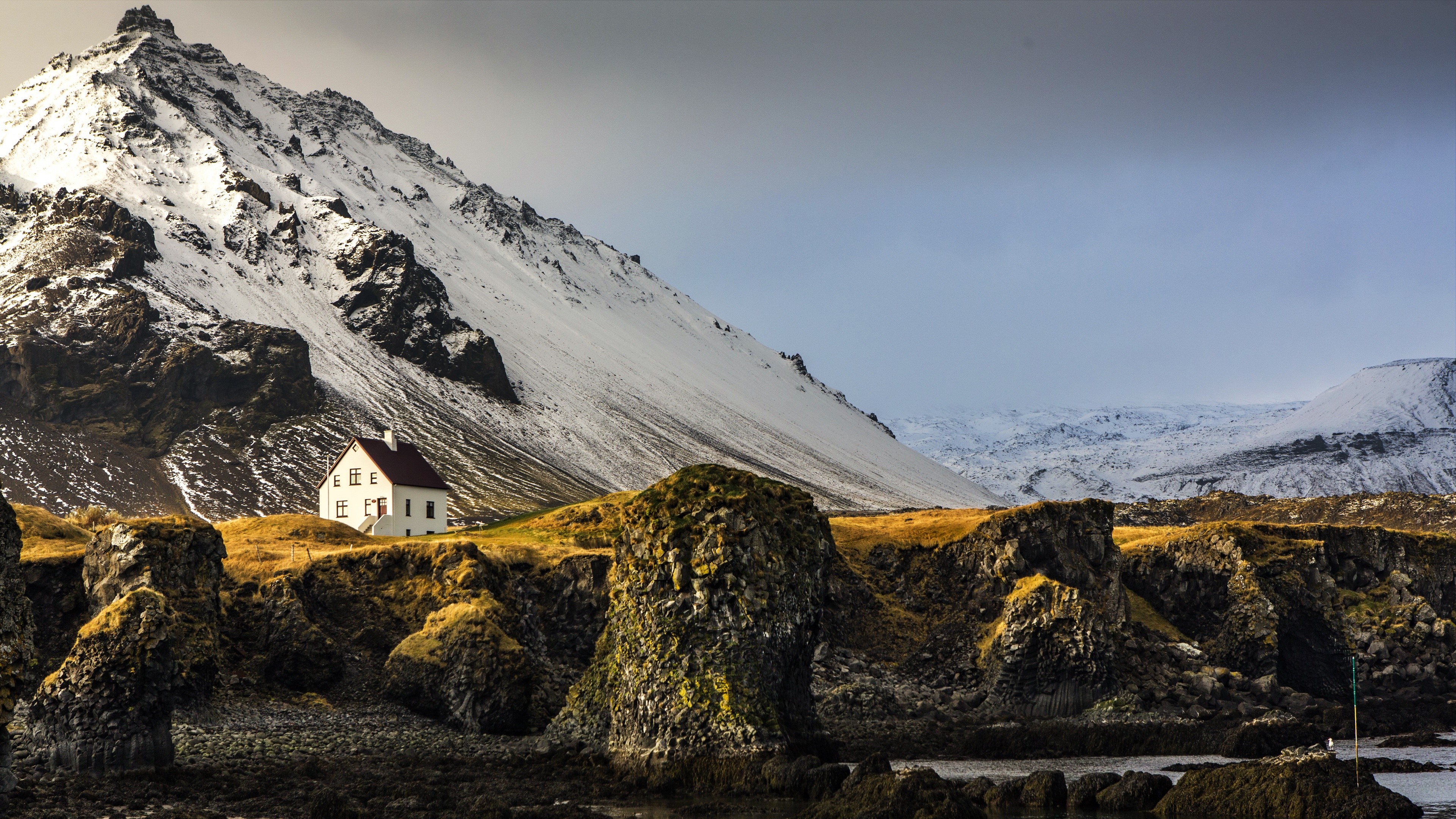 4K, sky, Iceland, nature, landscape, house, snow, mountains HD Wallpaper