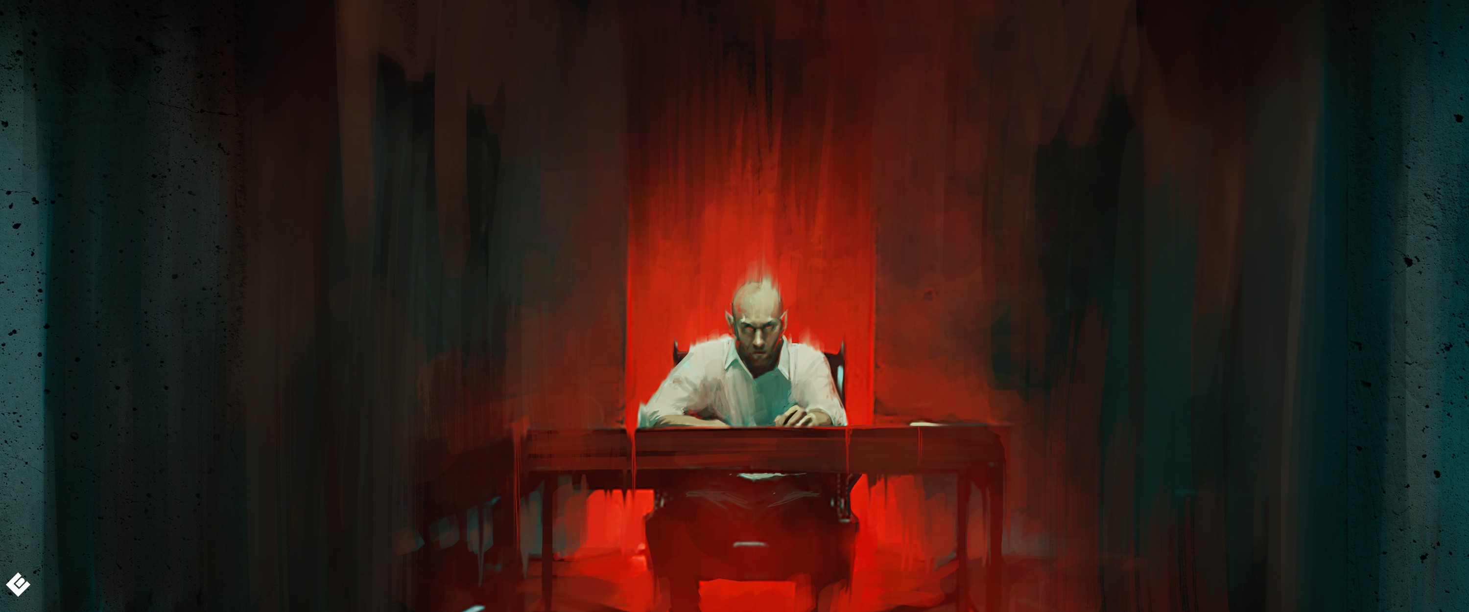 digital art, table, artwork, Devil, ArtStation, Col Price, pointed ears, drawing, sitting, demon HD Wallpaper
