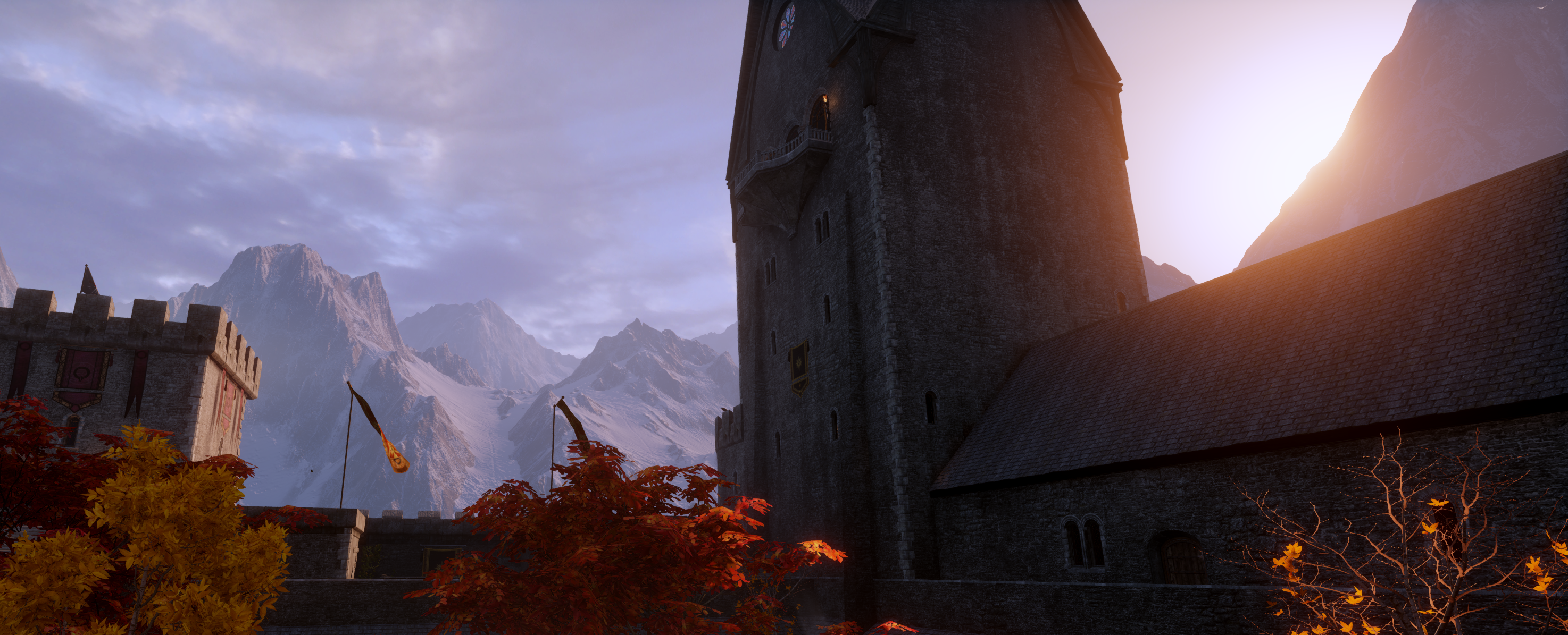 landscape, Skyhold, castle, mountains, red, Dragon Age Inquisition, Dragon Age, orange HD Wallpaper