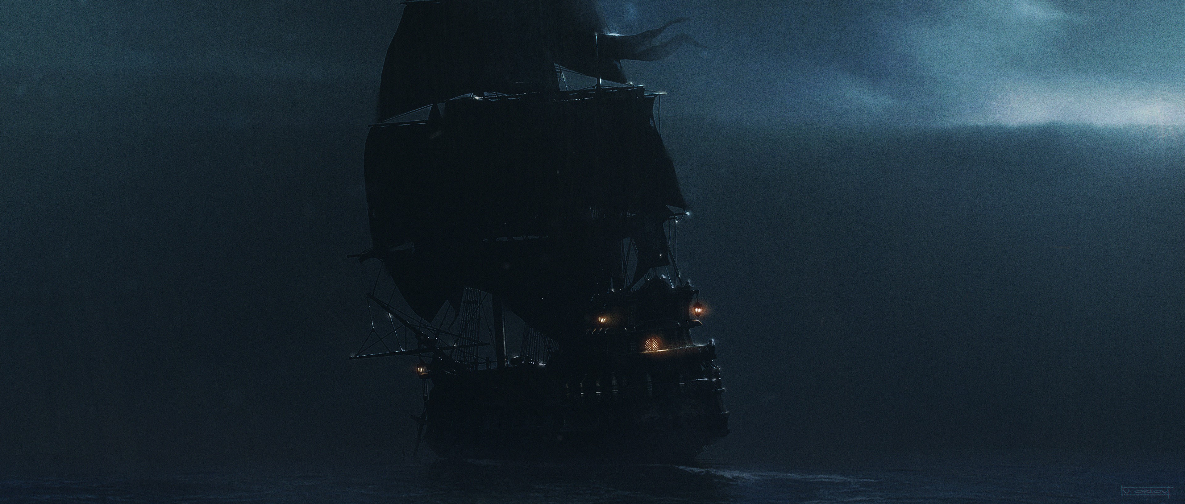 4K, night, digital art, ship, sea, artwork HD Wallpaper