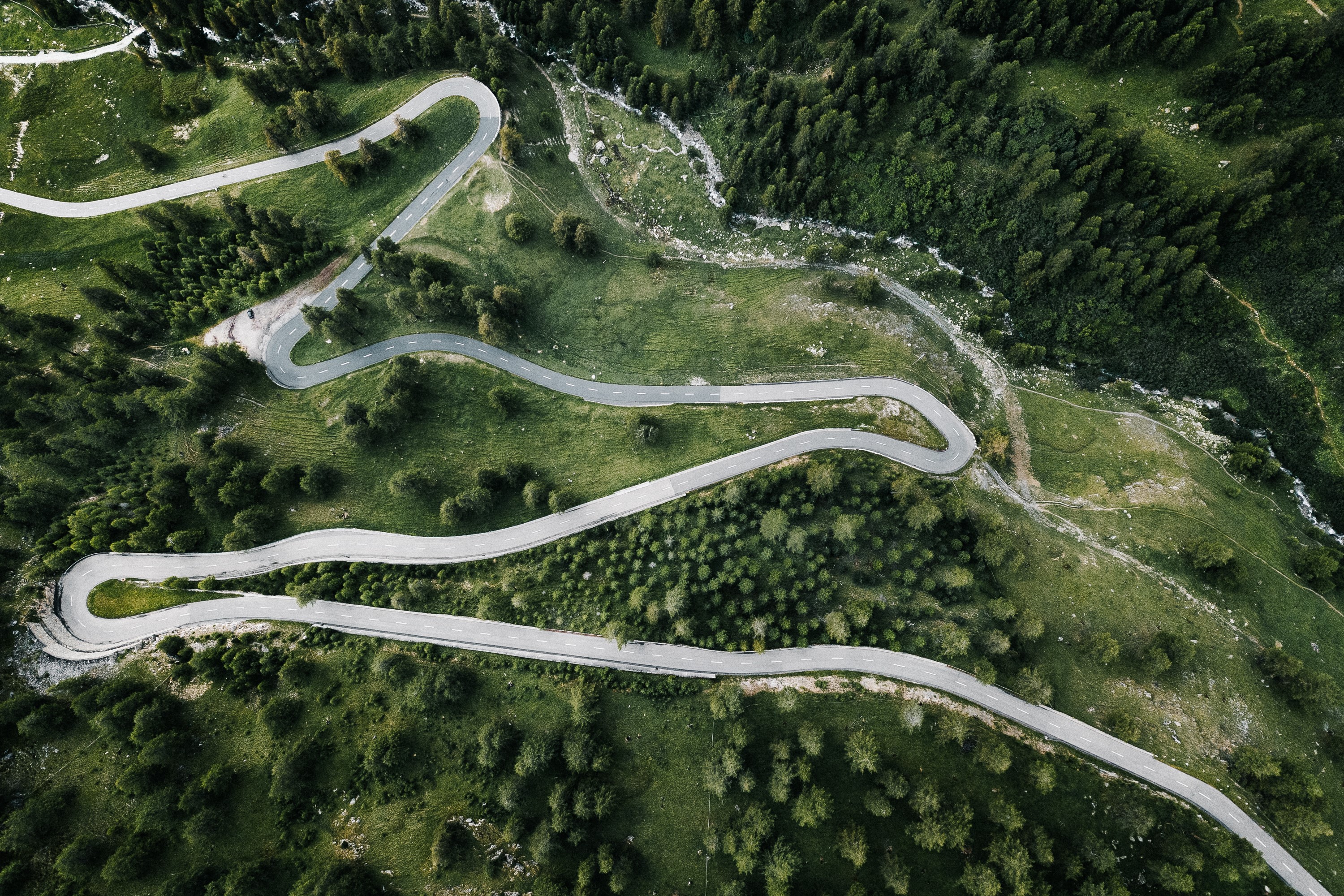 Swiss Alps, mountains, top view, road, trees, nature, landscape, highway, grass HD Wallpaper