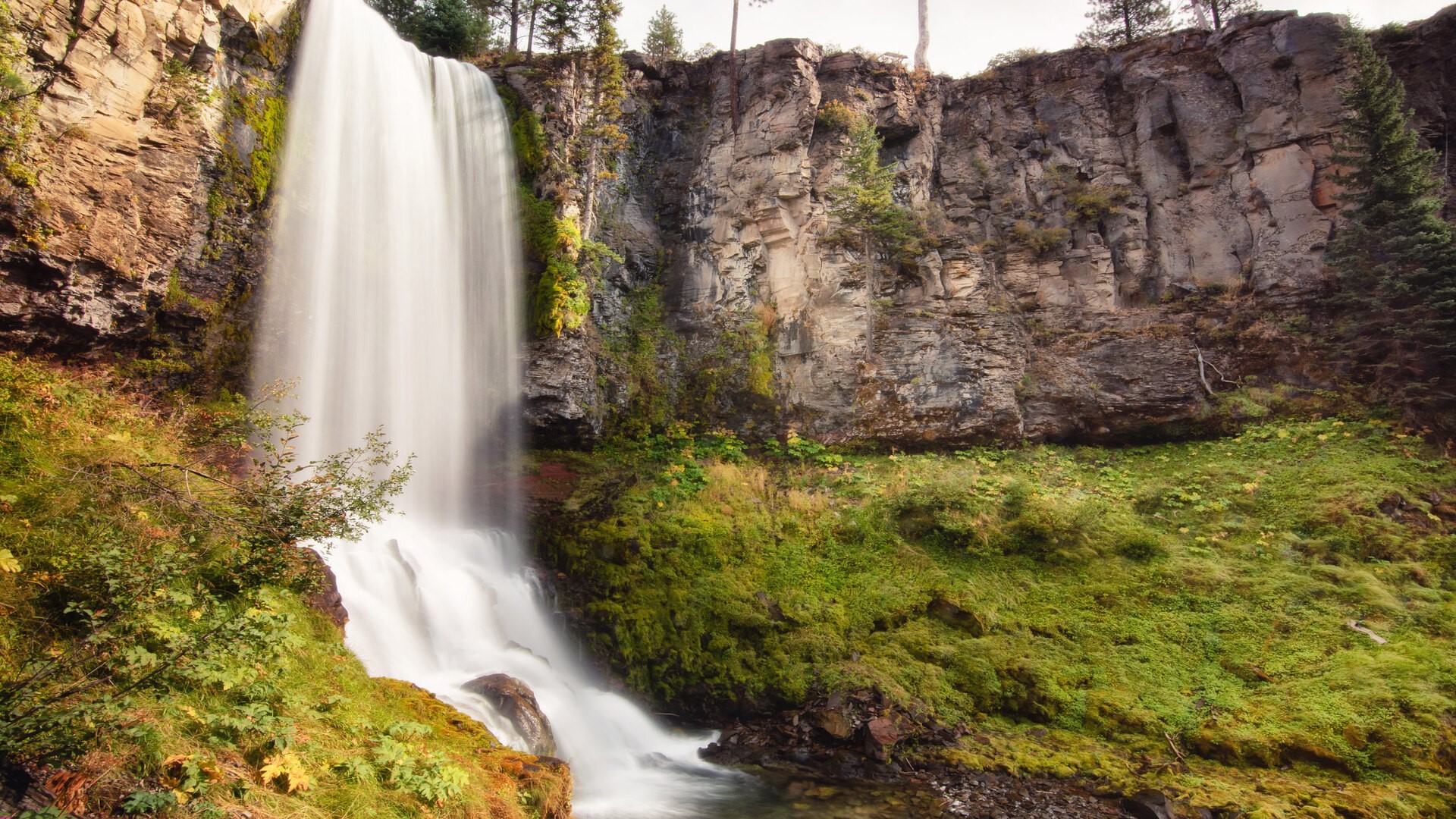 waterfall, landscape, moss, nature, rocks, grass HD Wallpaper
