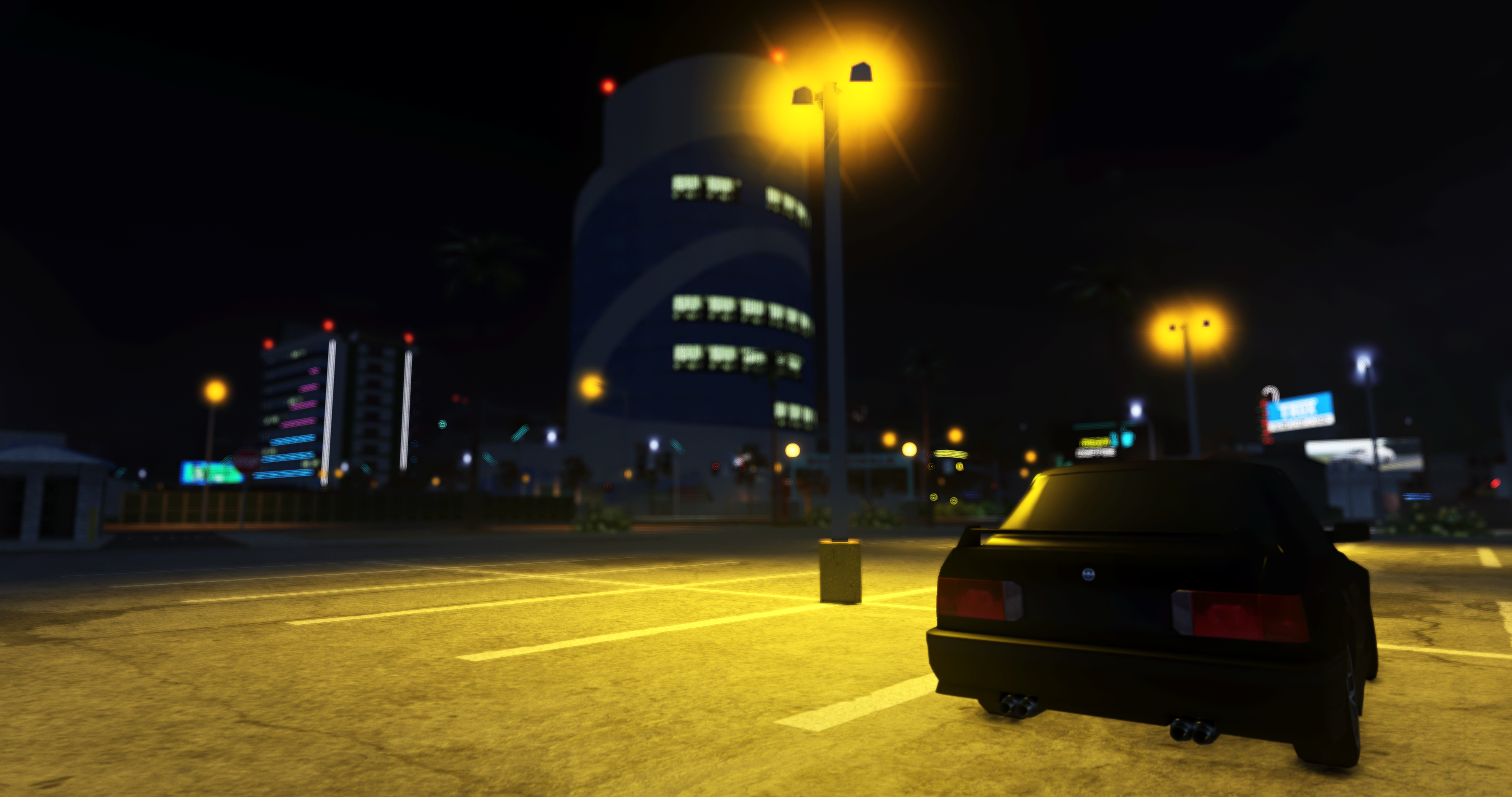 reflection, building, Roblox, parking lot, street light, Bmw E30 m3, skyscraper, Pacifico (Roblox Game) HD Wallpaper