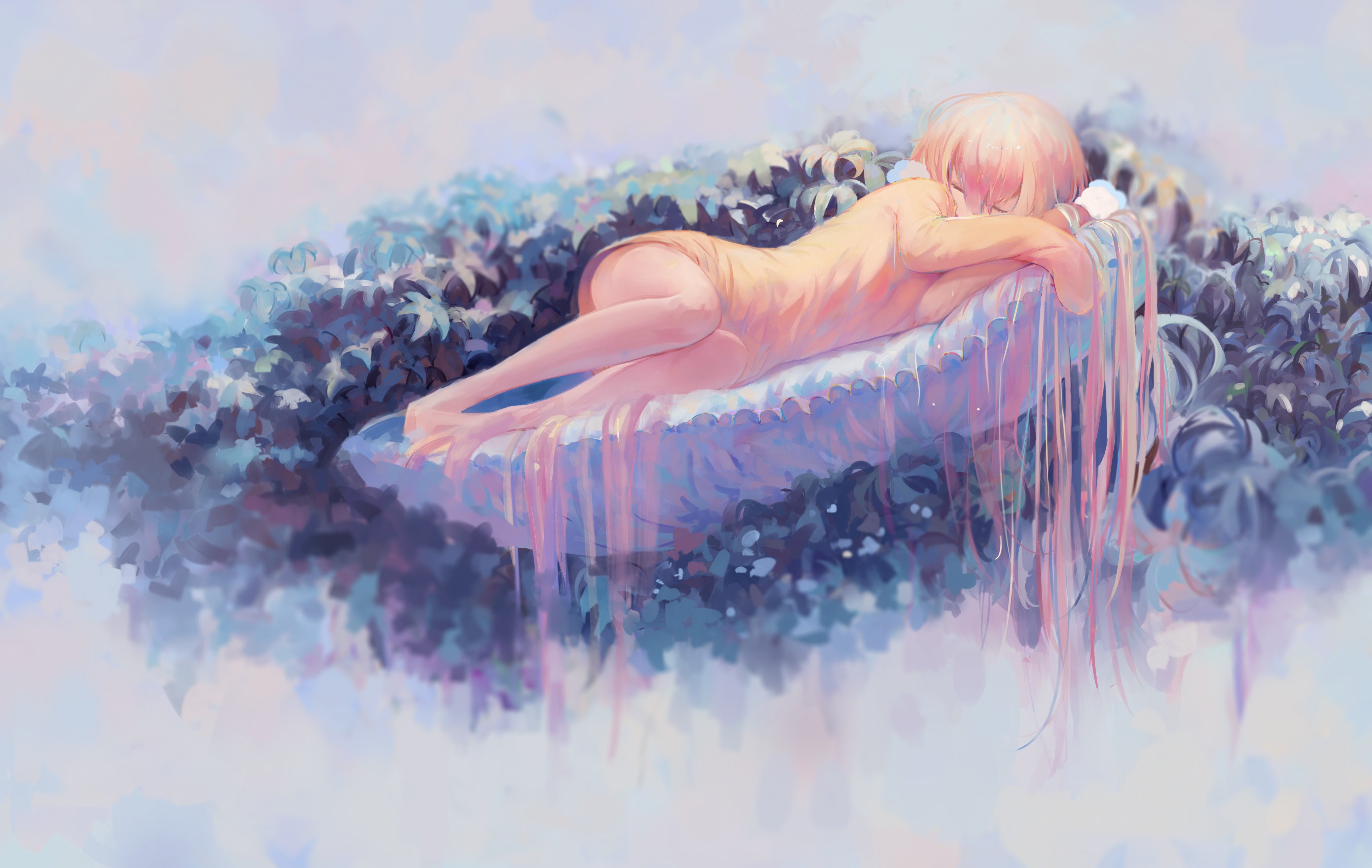 4K, sleeping, pink hair, long hair, KiSei2, flowers, Mahou Shoujo Ikusei Keikaku, anime girls, anime, closed eyes HD Wallpaper