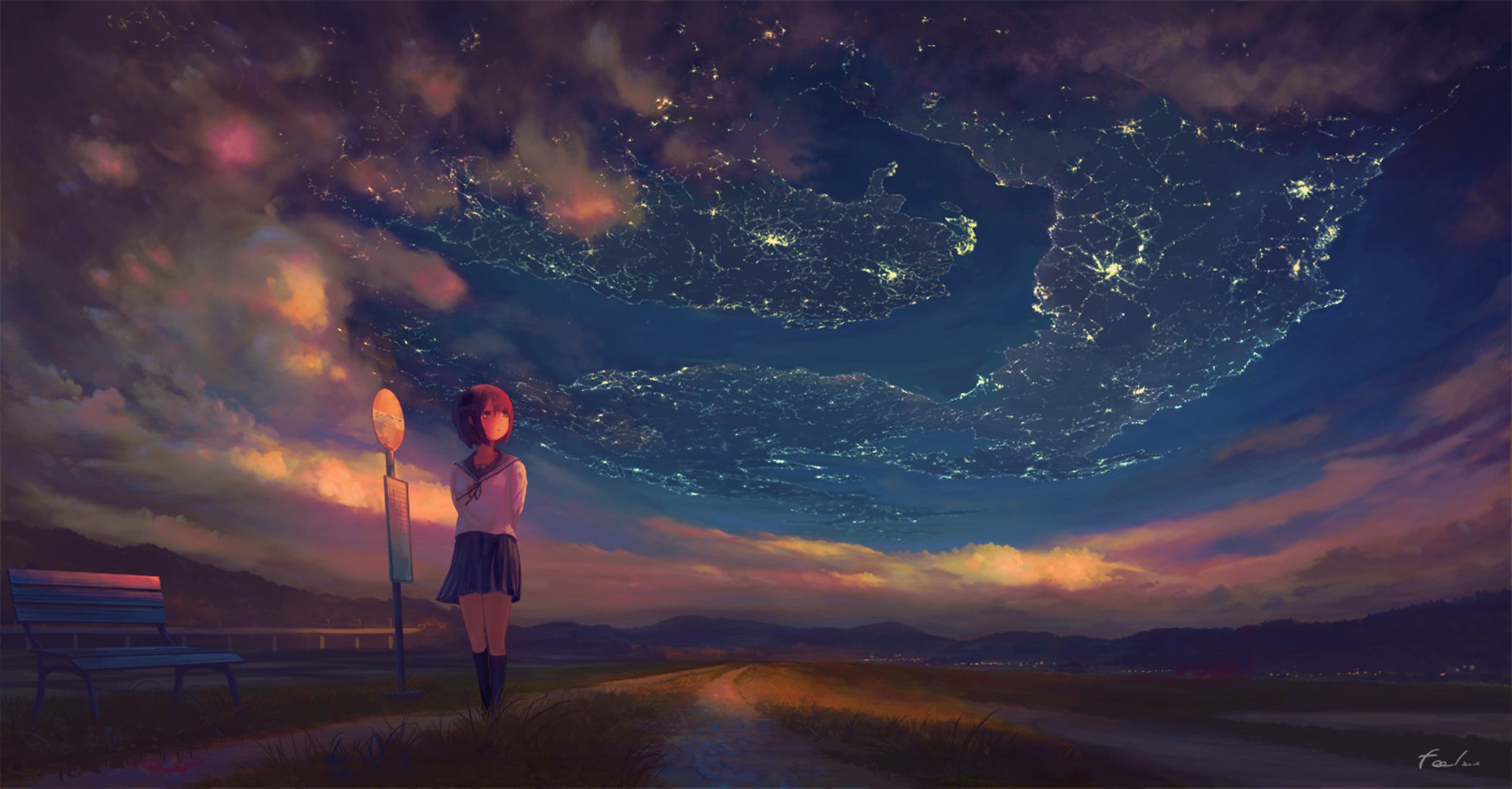 anime girls, sky, landscape, clouds, Nasitaki HD Wallpaper