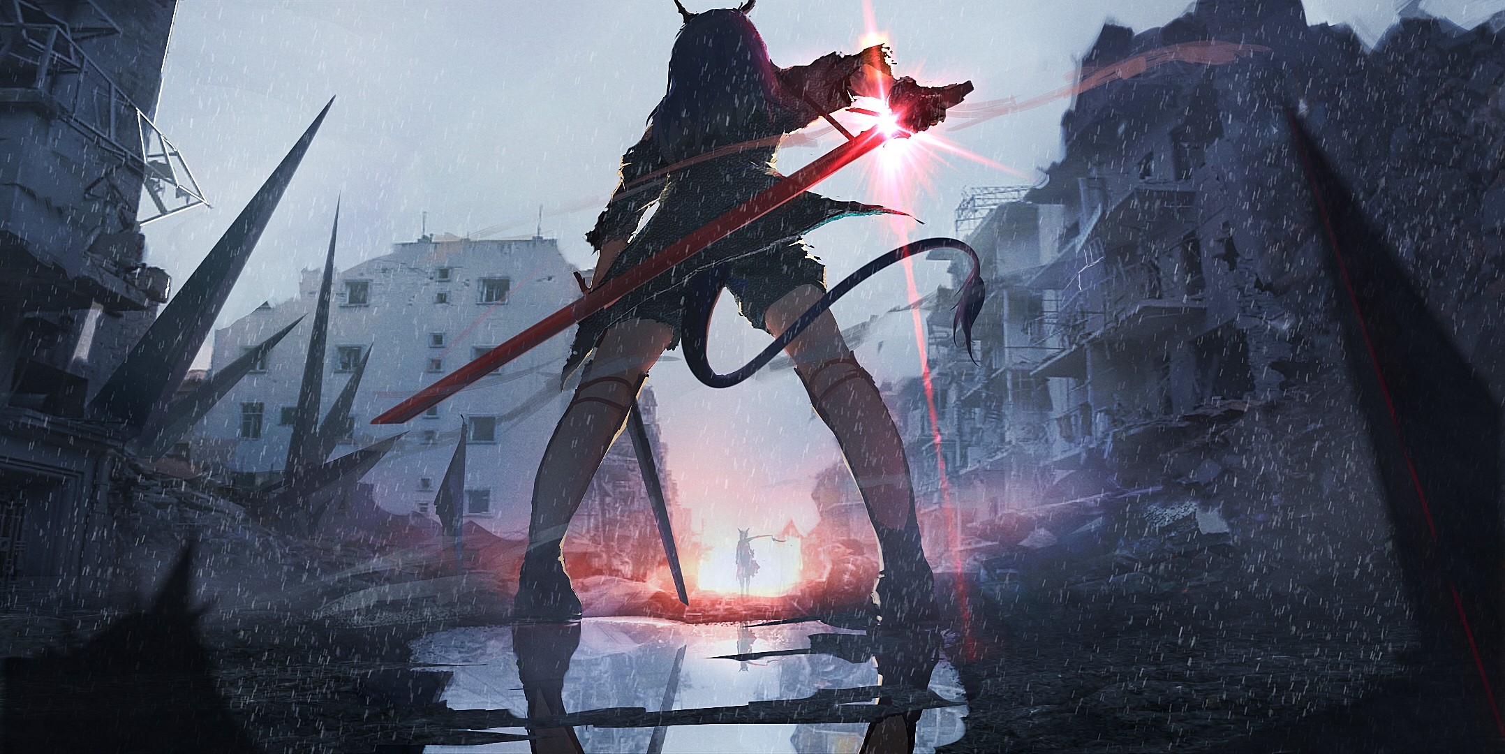 tail, sword, Arknights, low-angle, rain, ruins, Lifeline, anime girls, Chen (Arknights) HD Wallpaper