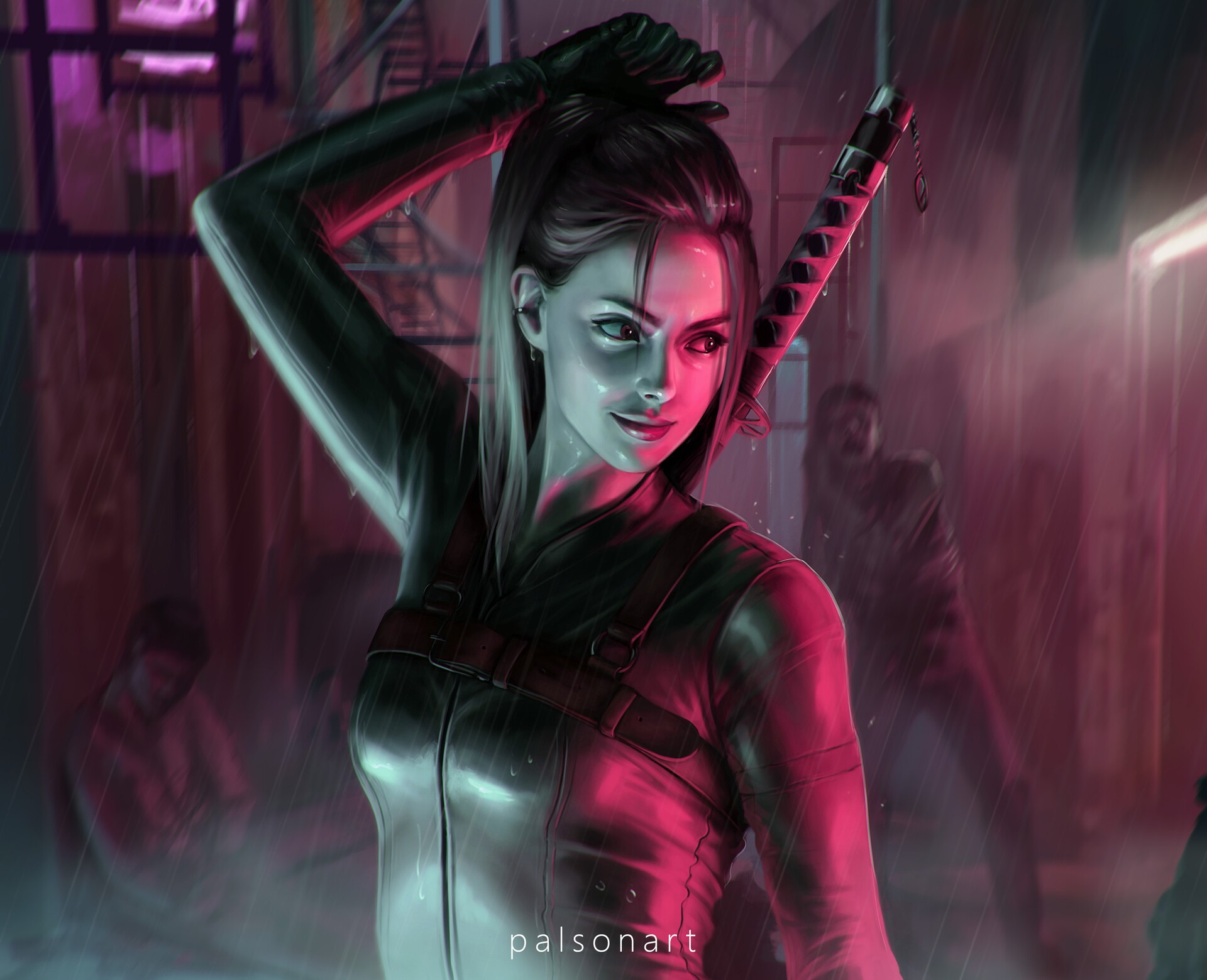 Paulina Bochniak, artwork, blonde, rain, smiling, ponytail, katana, ArtStation, women, digital art, zombies HD Wallpaper