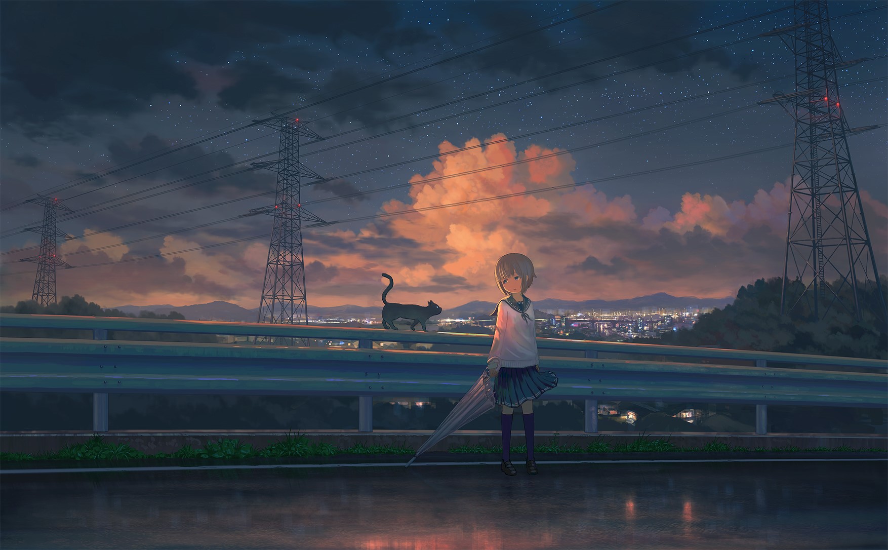 umbrella, night, black cats, school uniform, moescape, clouds, landscape, reflection, original characters, sky, anime girls HD Wallpaper