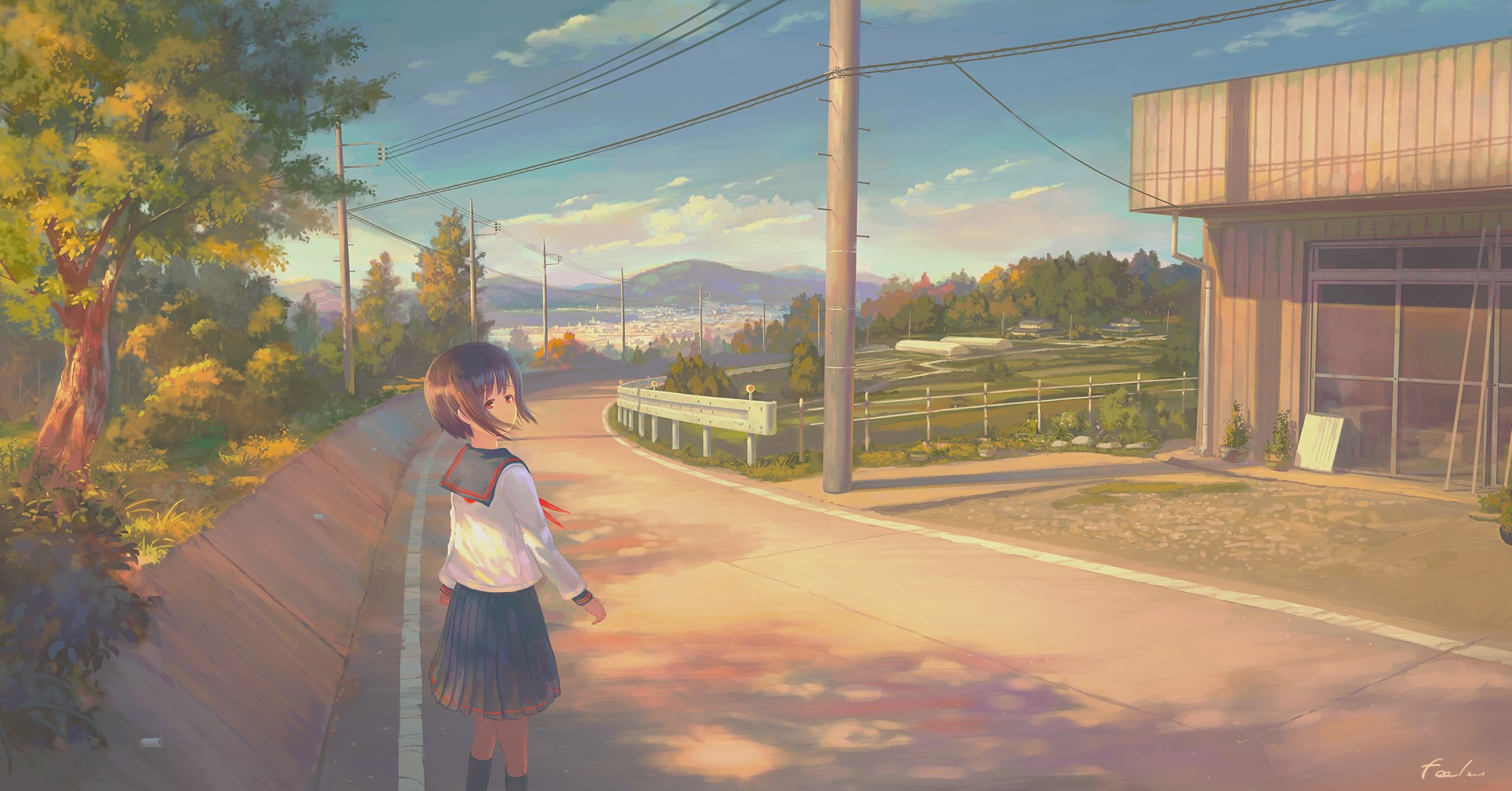 school uniform, clouds, sky, landscape, anime girls, moescape, original characters HD Wallpaper