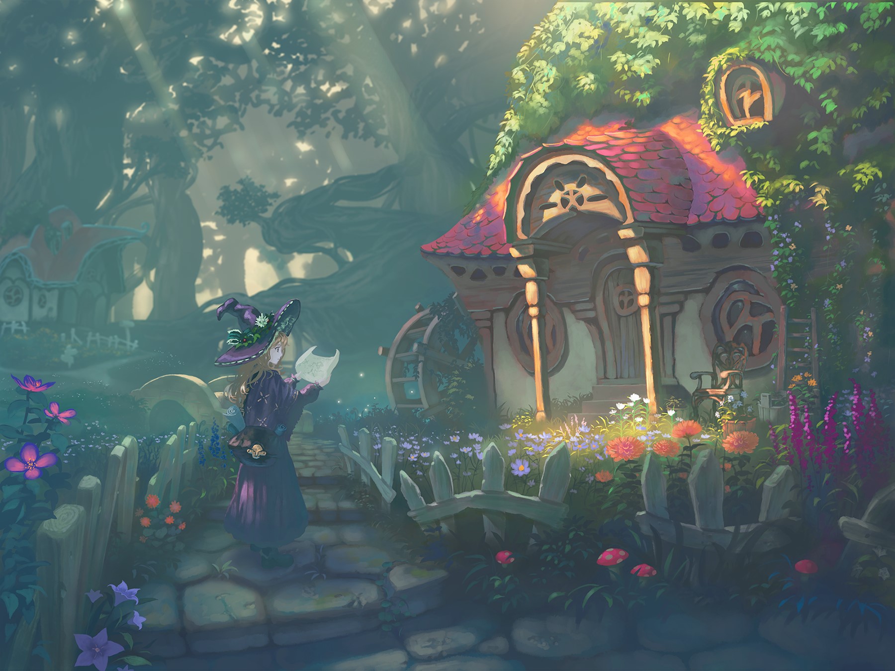 witch, sunlight, witch hat, Nauimusuka, landscape, artwork, flowers HD Wallpaper