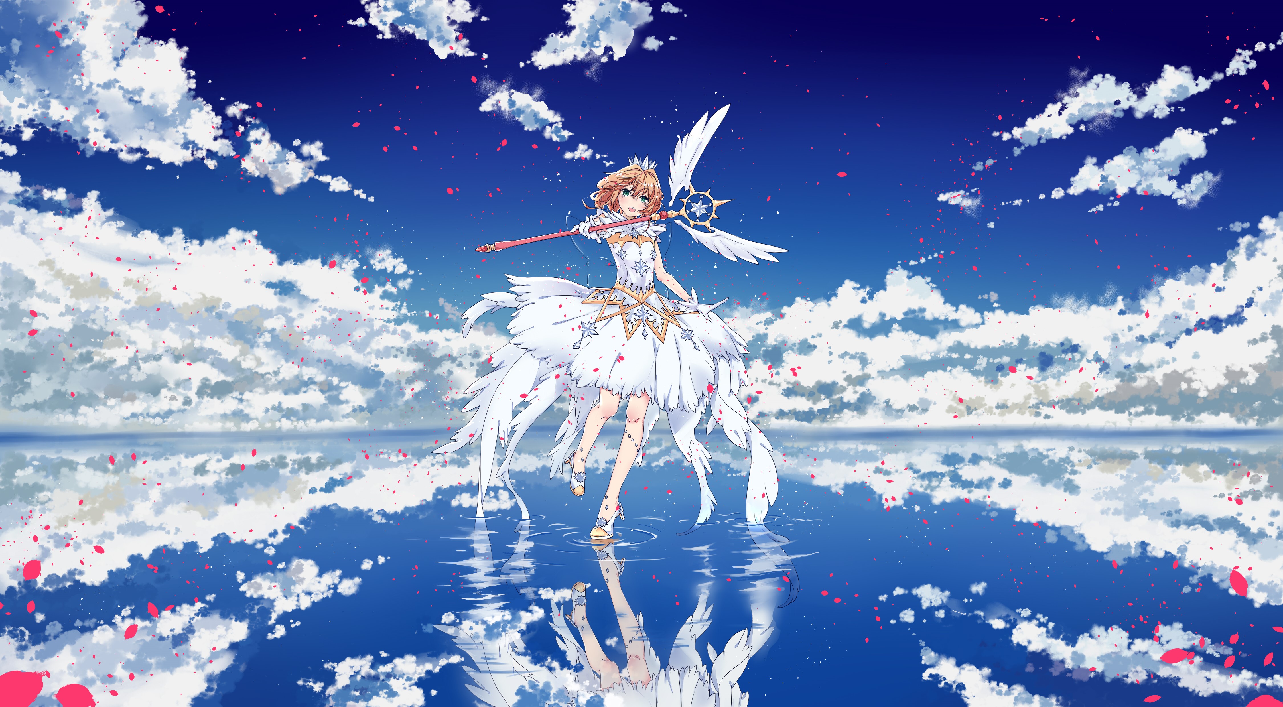 4K, anime, Cardcaptor Sakura, anime girls, mirrored, JinYun Rex, Kinomoto Sakura, petals, sky, clouds HD Wallpaper