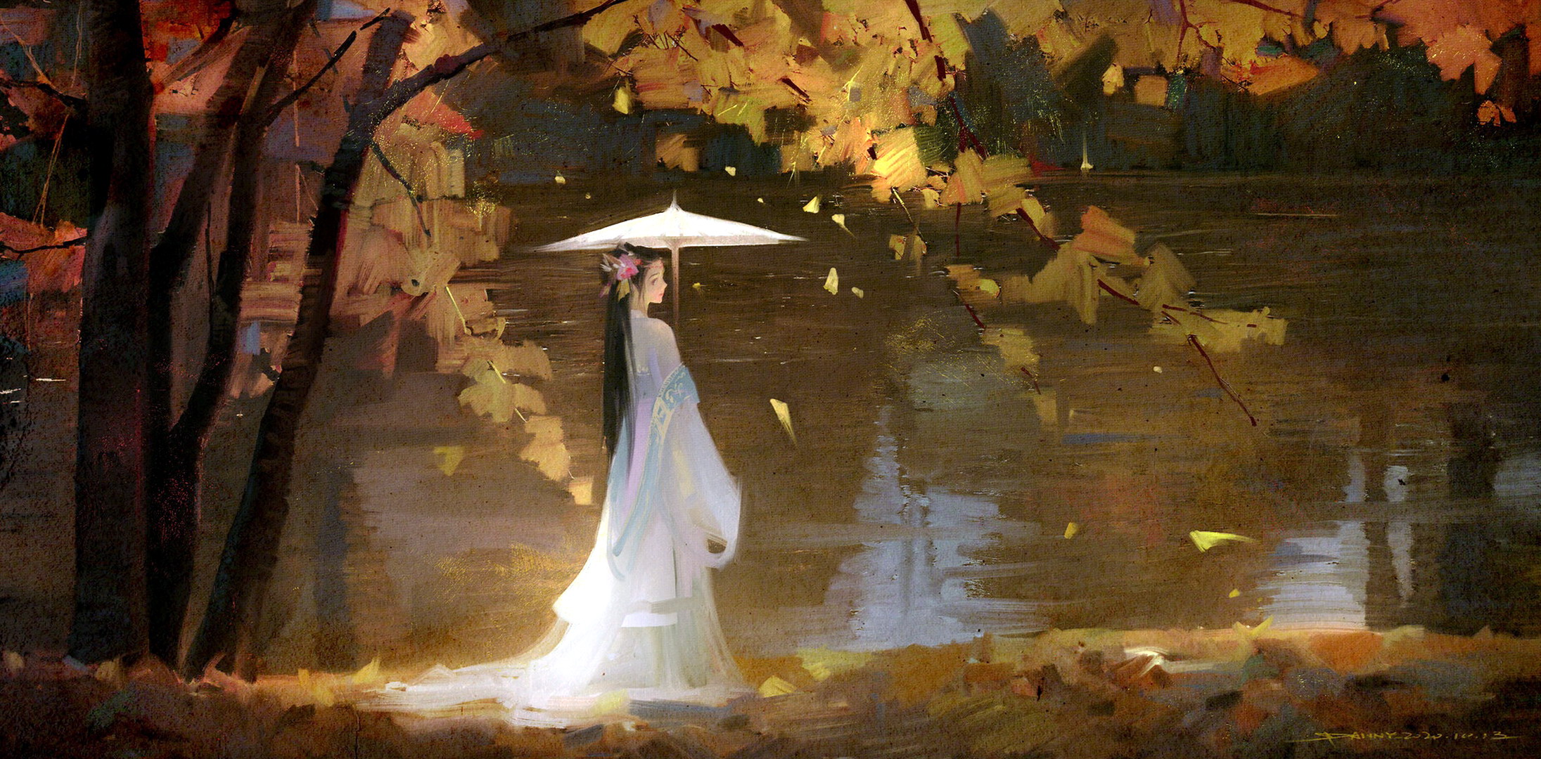 Jiang Yanli with Umbrella by the Water HD Wallpaper