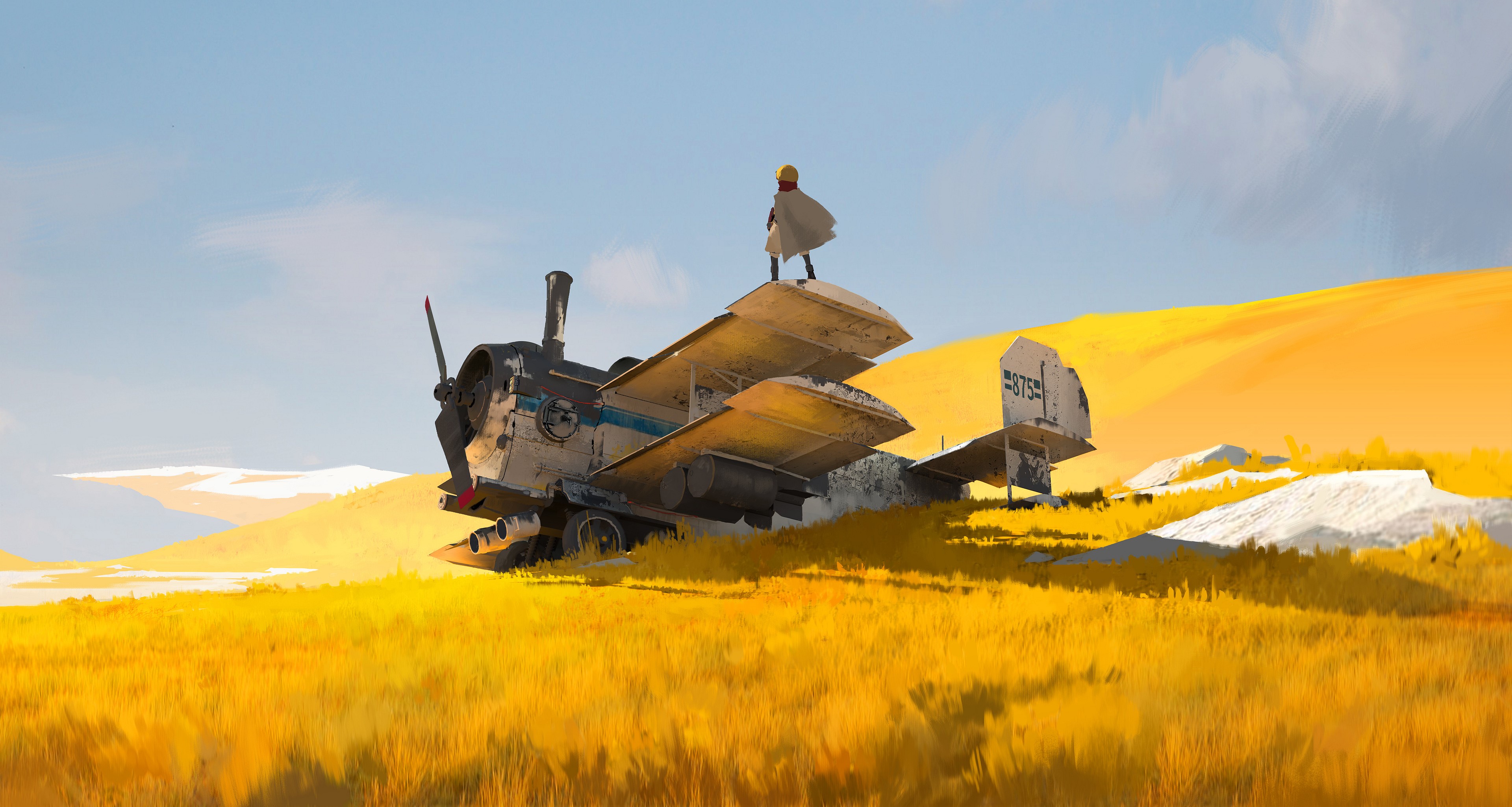4K, digital art, artwork, pilot, concept art, planes, landscape, sky, field, digital HD Wallpaper