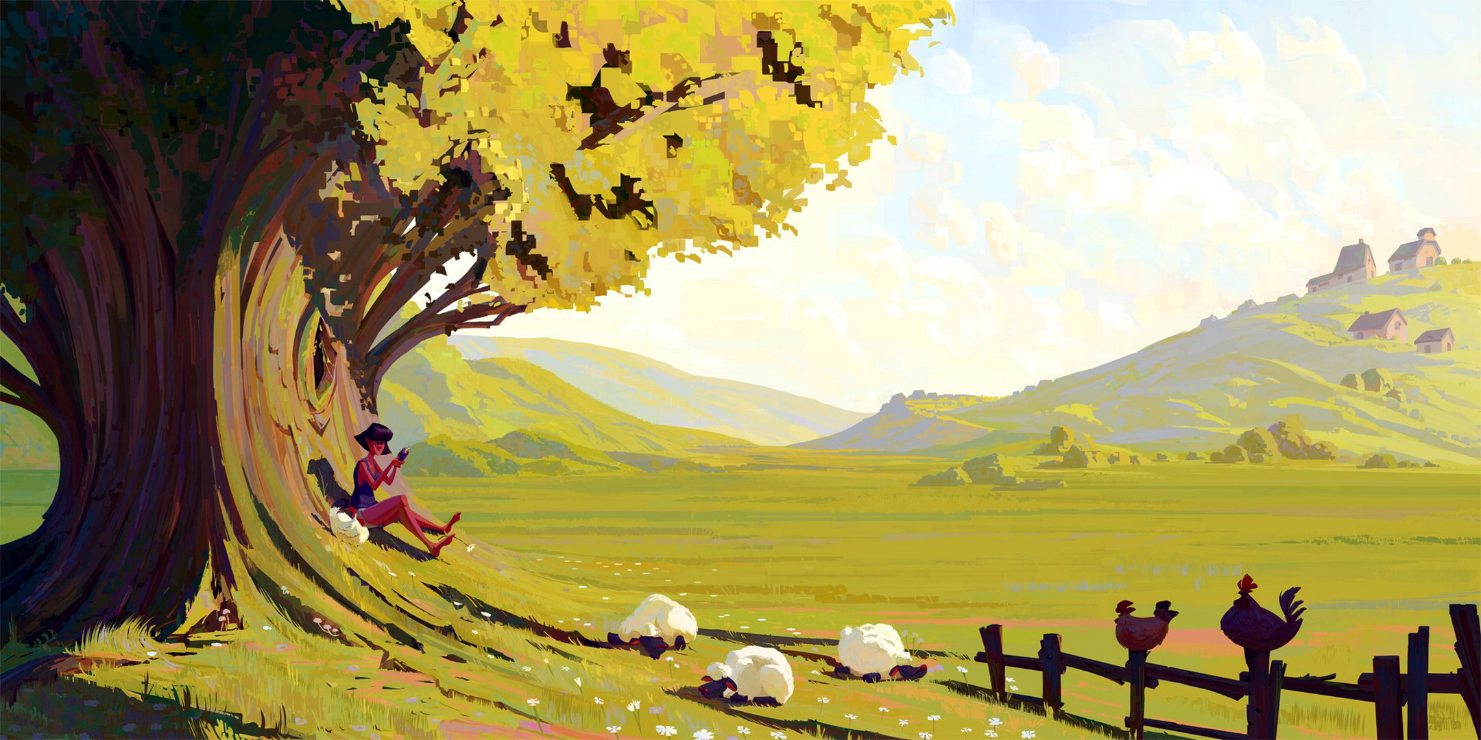 Person reading under a tree with sheep and chickens in a field HD Wallpaper
