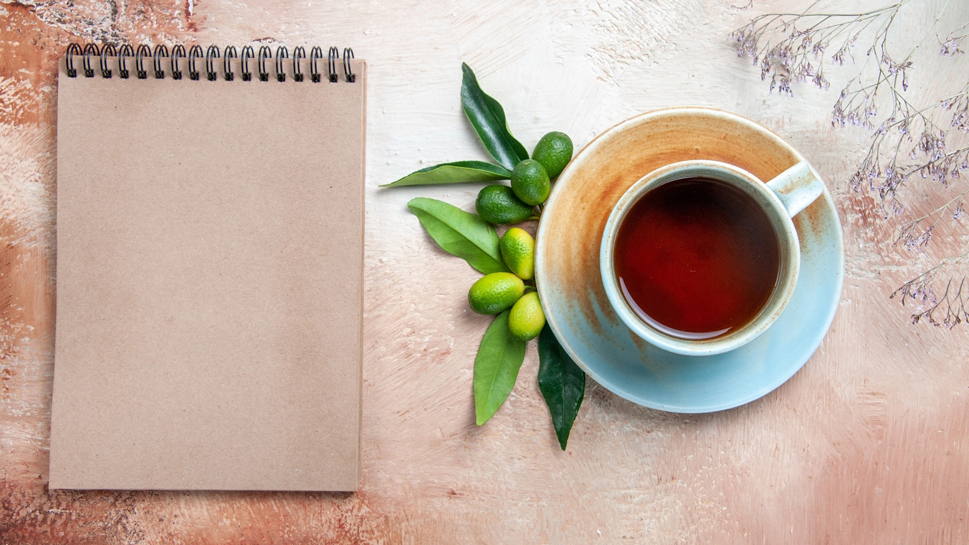 Cup of tea with kumquats and a notebook HD Wallpaper
