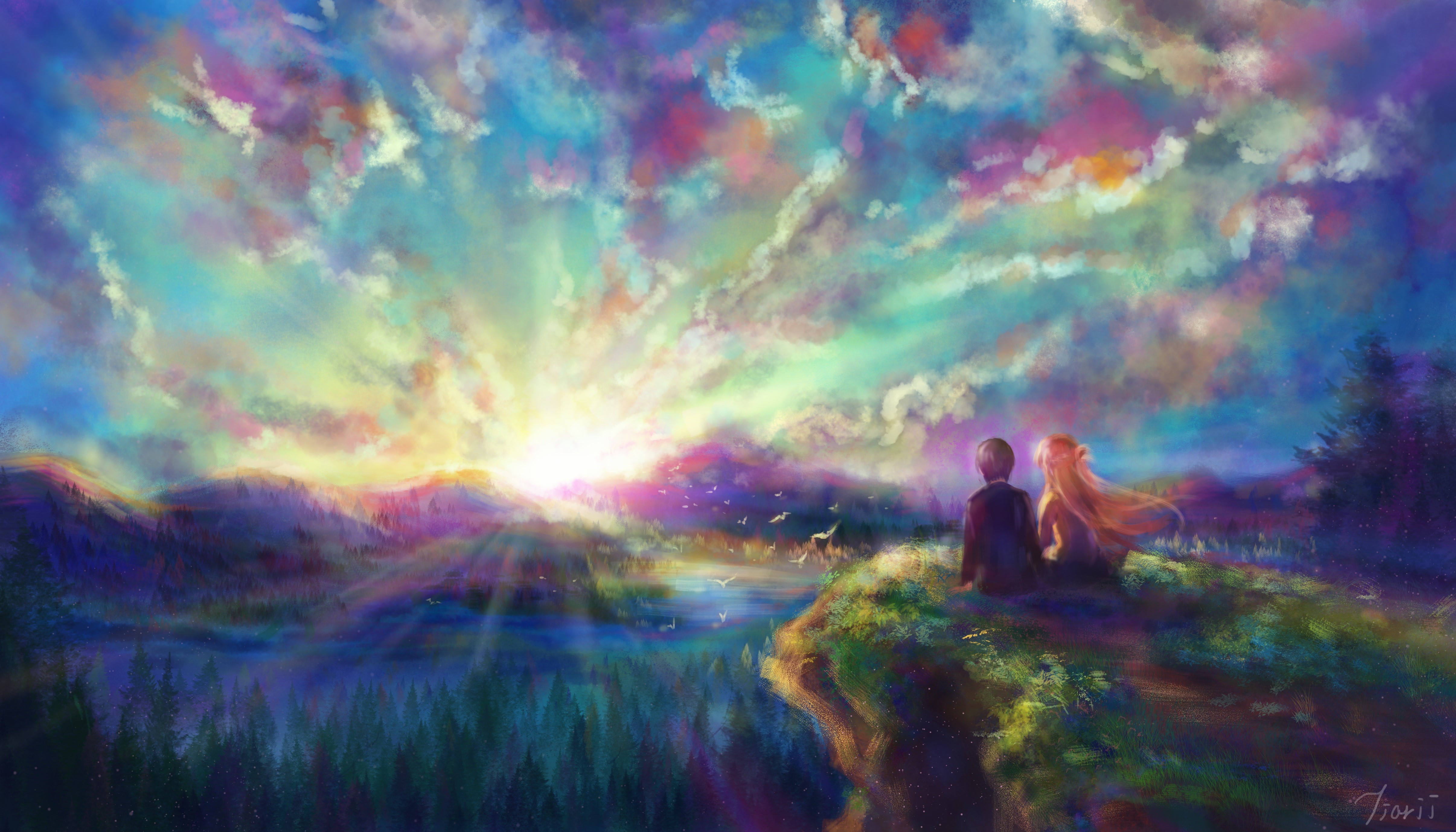 4K, landscape, Sword Art Online, anime, Yuuki Asuna, Kirigaya Kazuto HD Wallpaper