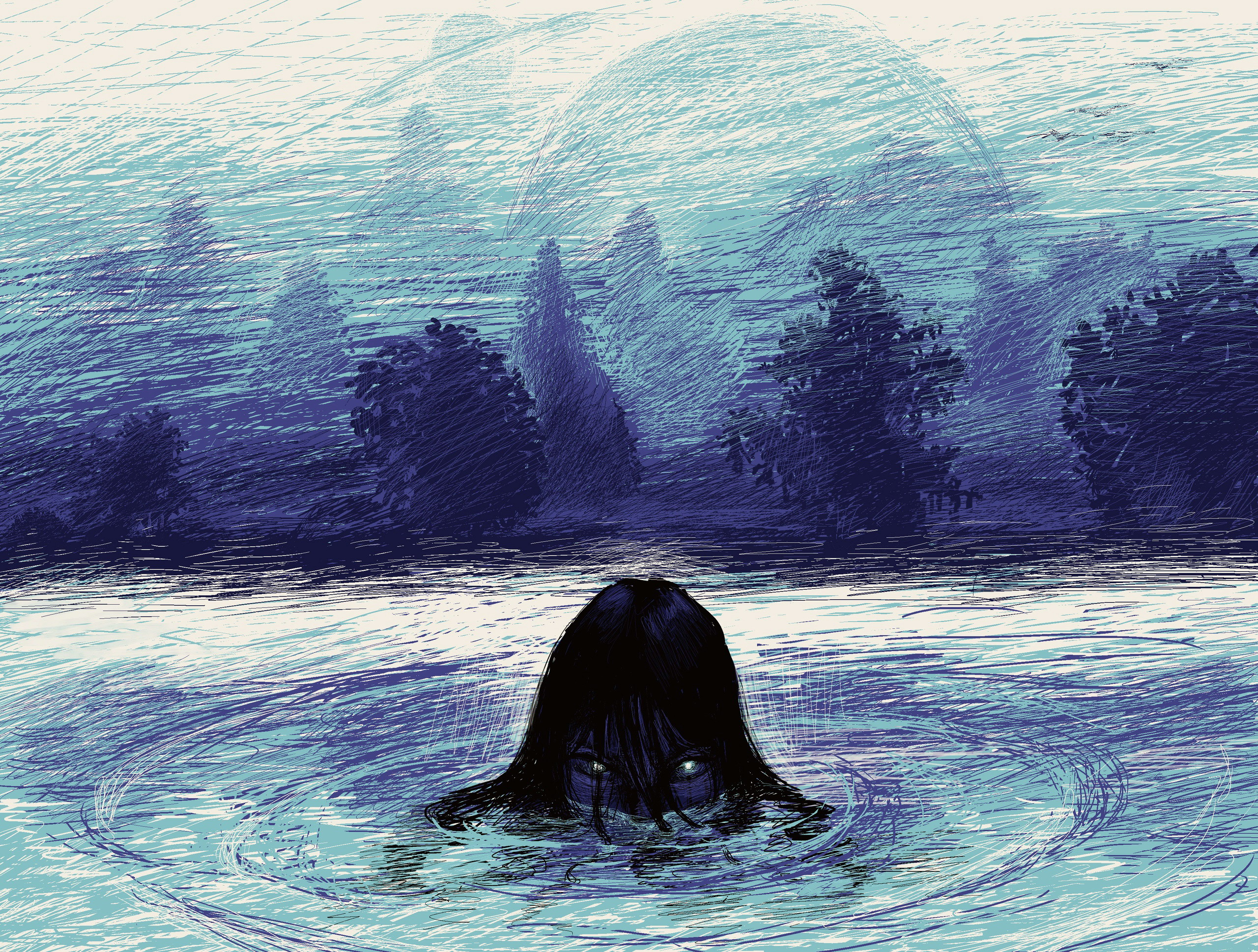 Creepy woman emerging from water HD Wallpaper