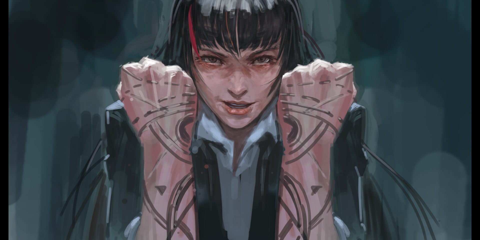 tattoo, open mouth, dark hair, arms, artwork, drawing, women, digital art, looking at viewer, tattoo sleeve, Constantine, digital painting, ArtStation, KIM SANGMOON HD Wallpaper