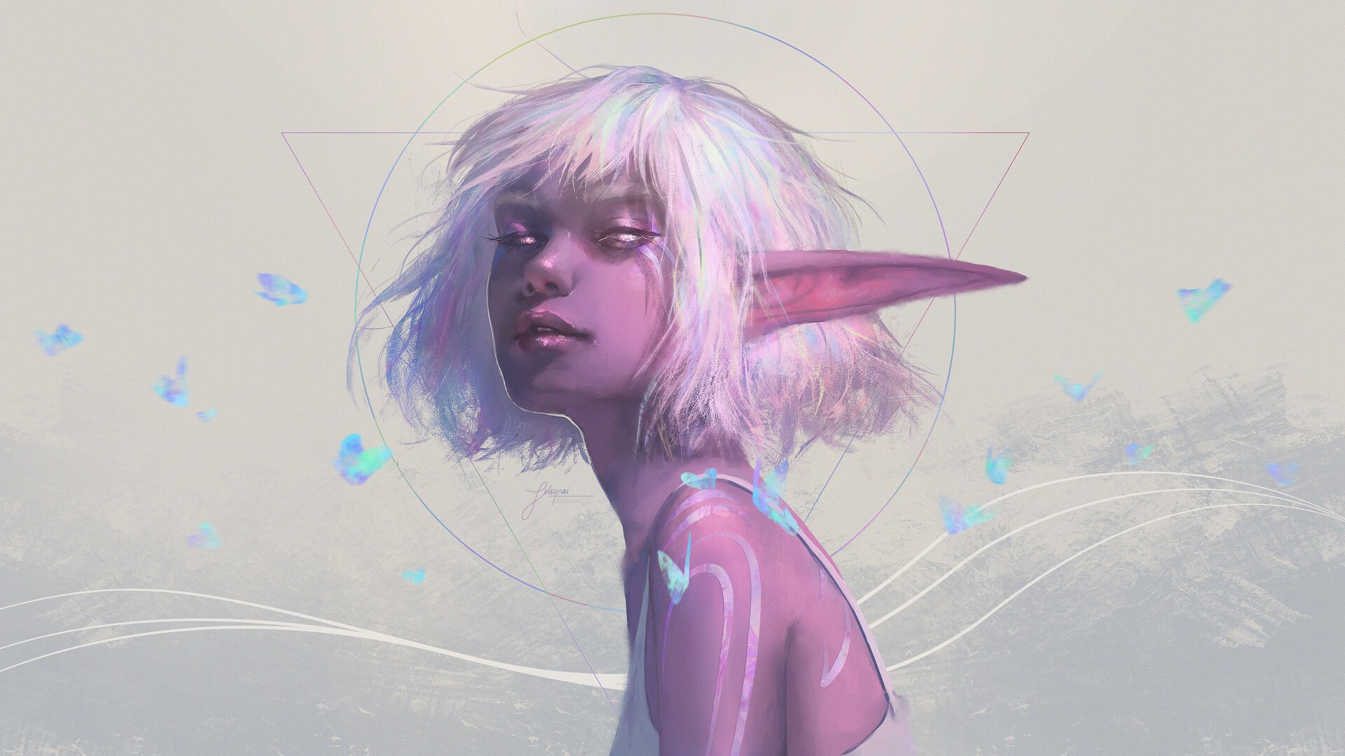 fantasy girl, elves, Lea Bichlmaier, digital art, dark skin, white hair, short hair HD Wallpaper