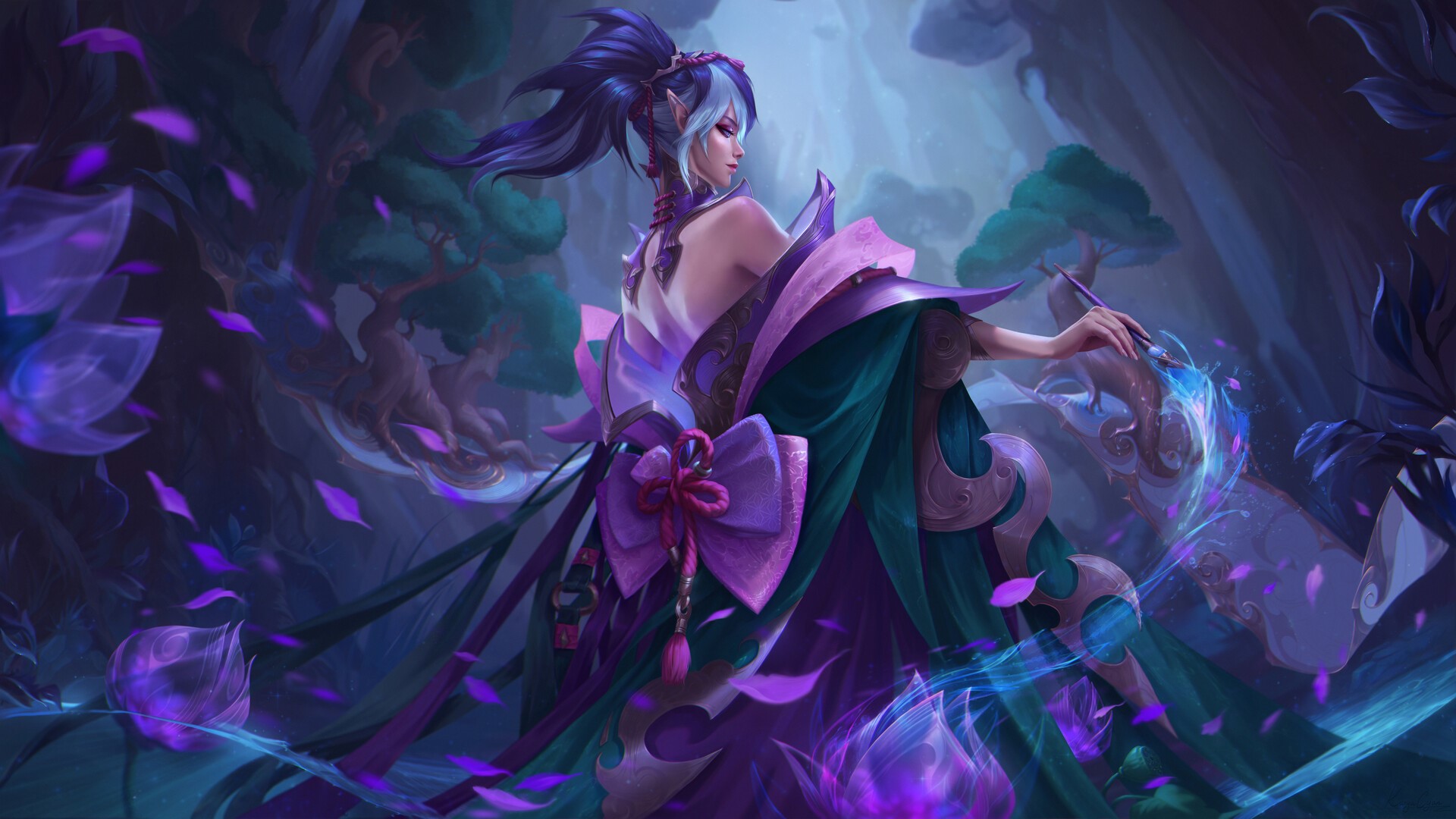 drawing, leaves, bare shoulders, life, paint brushes, trees, nature, women, blue hair, purple, dress, Katya Cyan, fantasy art HD Wallpaper