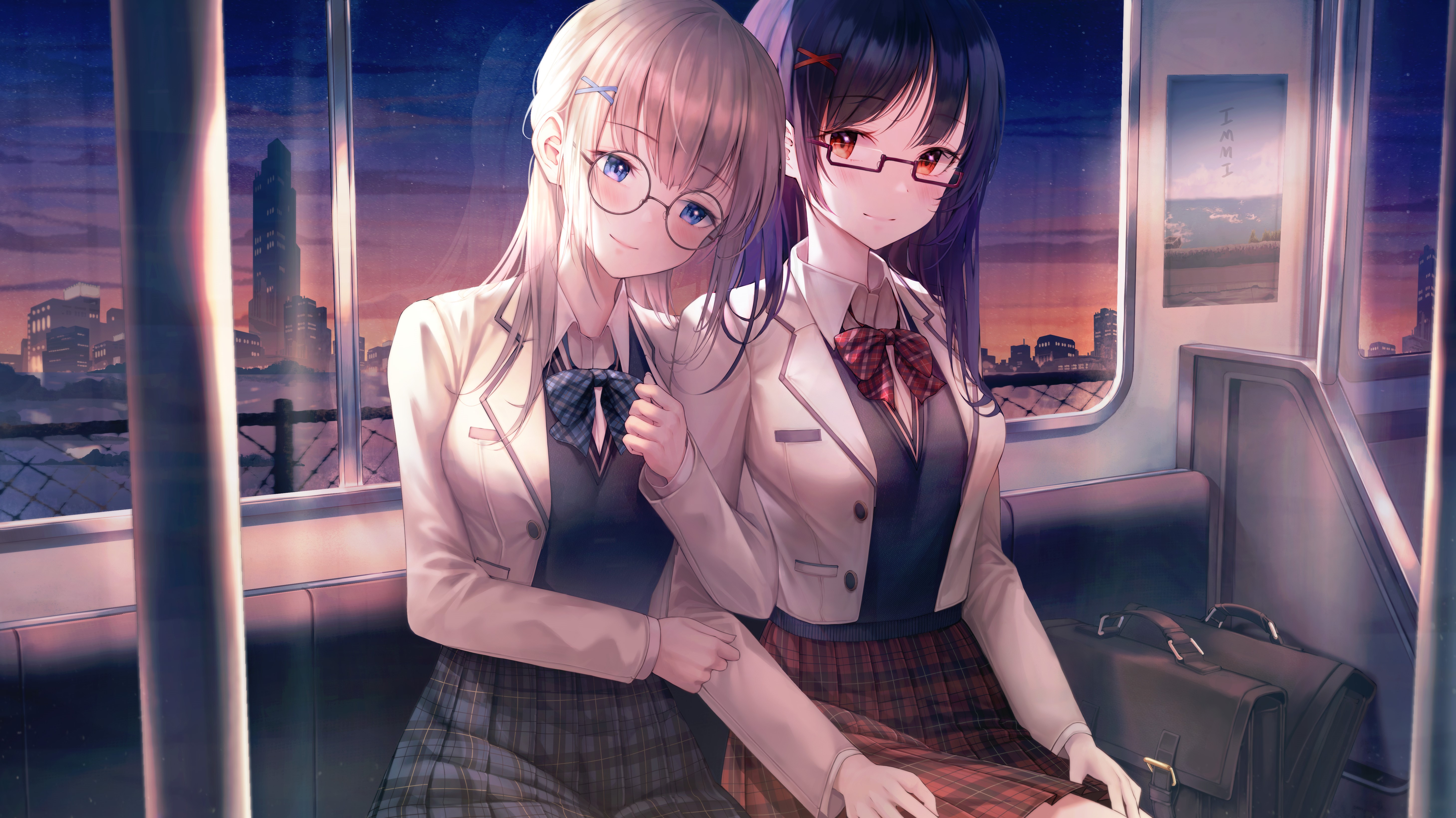 4K, Immi Immi, school uniform, blue eyes, glasses, anime girls, yuri, red eyes, anime HD Wallpaper