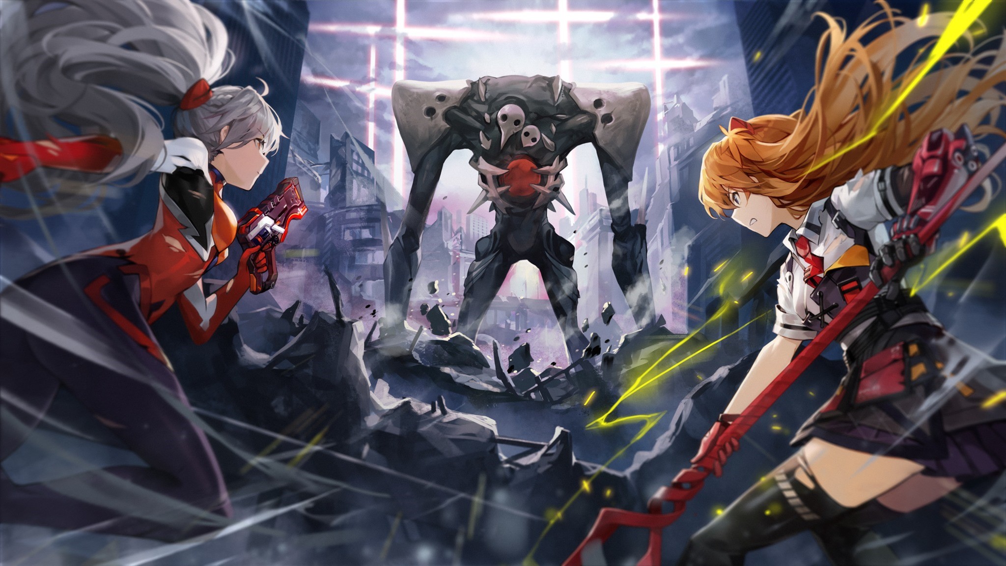 Kiana Kaslana (Herrscher of the void), Goomrrat, Sachiel (Evangelion), Honkai, spear, miniskirt, gun, thigh-highs, anime girls, bodysuit, Honkai Impact 3rd, Honkai Impact, Neon Genesis Evangelion, Asuka Langley Soryu, Kiana Kaslana HD Wallpaper