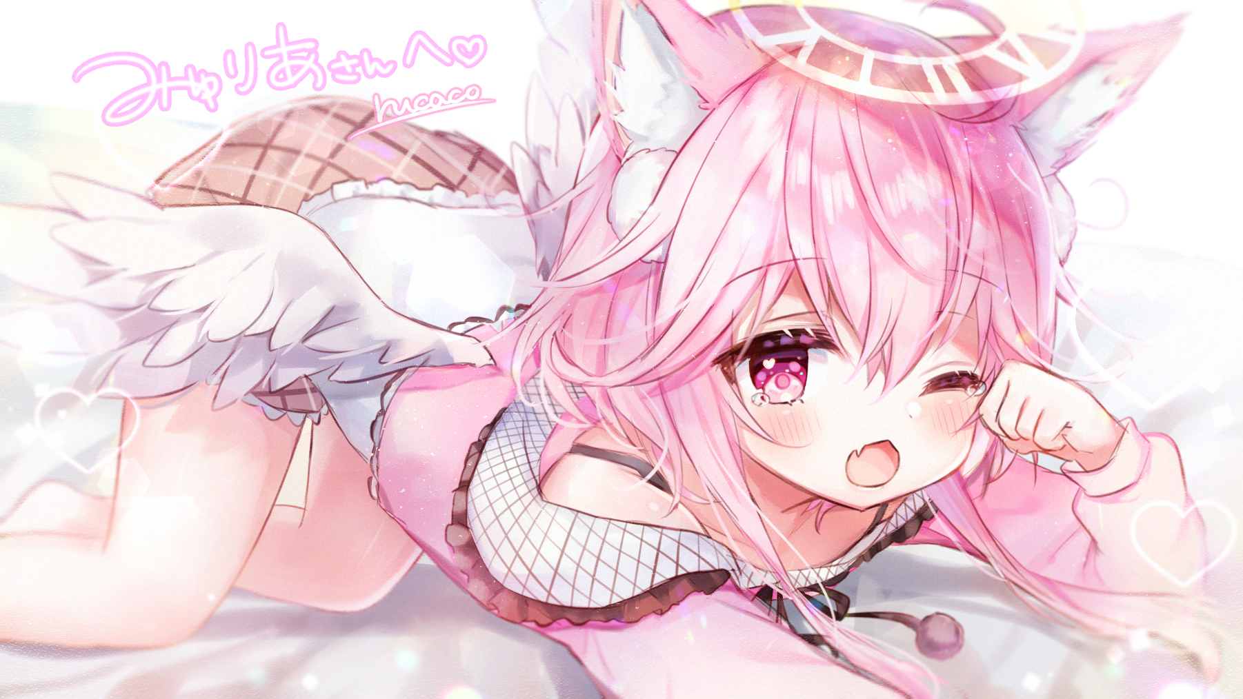 anime, one eye closed, bent over, Rucaco, pink hair, wings, animal ears, loli, pink eyes, anime girls, open mouth, nimbus HD Wallpaper