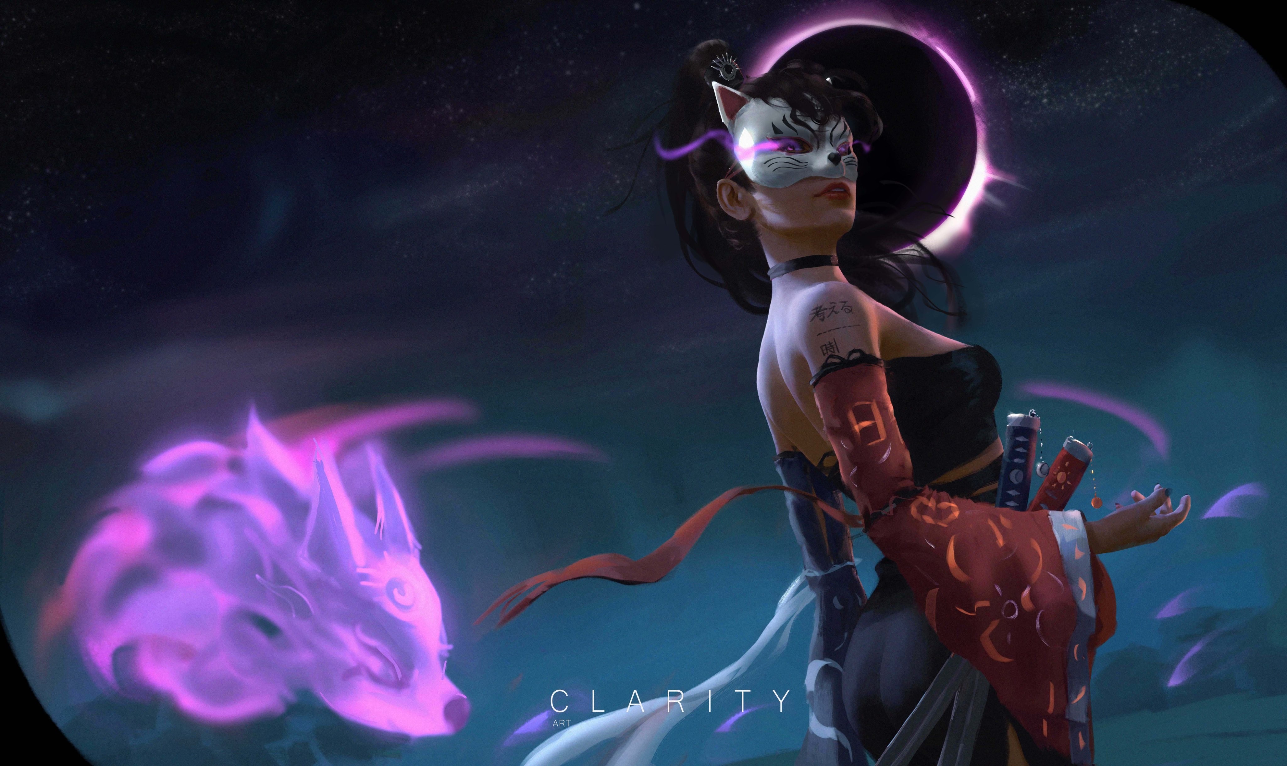 4K, CLA RITY, original characters, eclipse, mask, fantasy girl, samurai HD Wallpaper