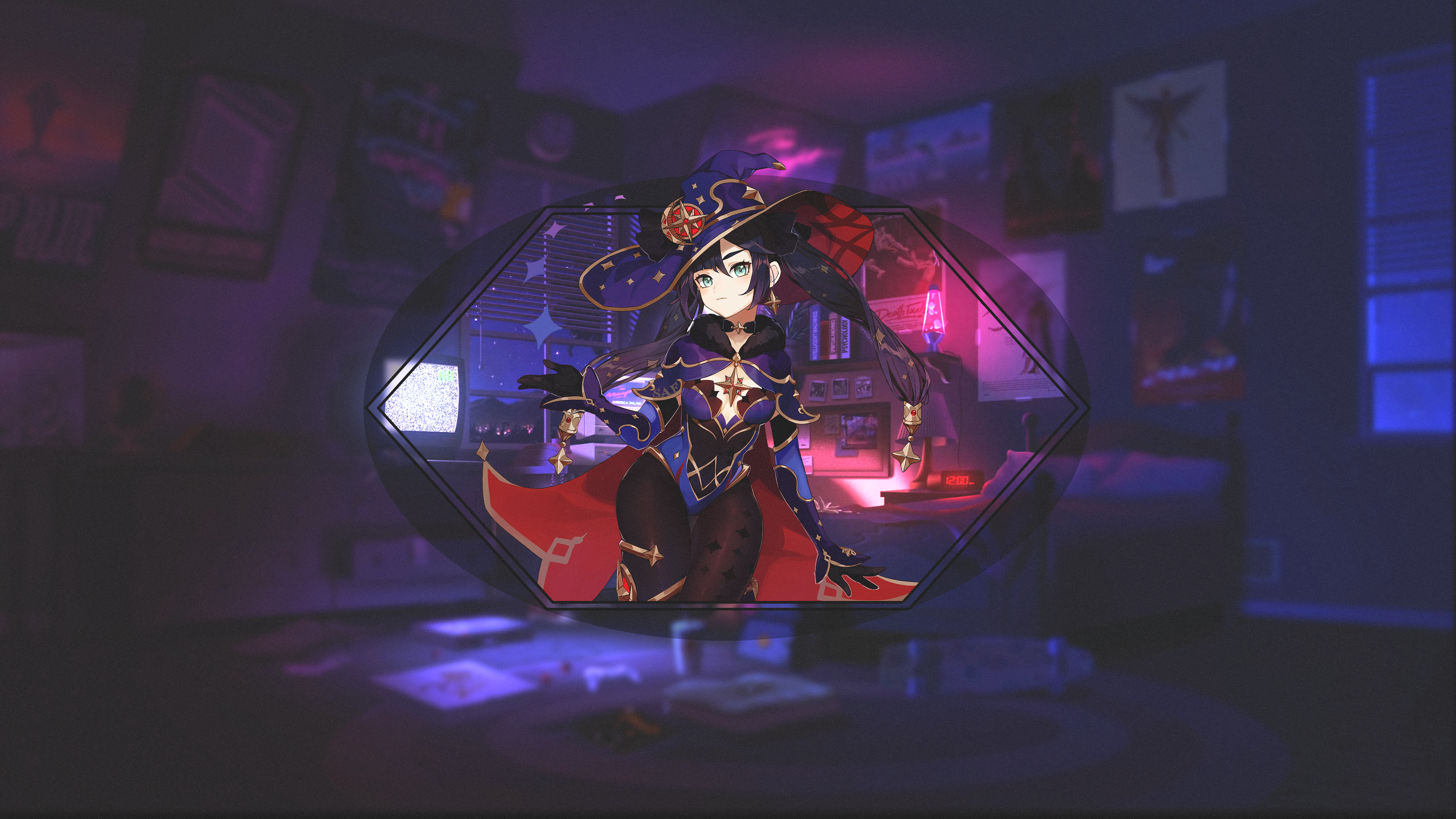 4K, witch hat, picture-in-picture, night, water, anime girls, Genshin Impact, witch, room, fan art, Mona (Genshin Impact), robes HD Wallpaper