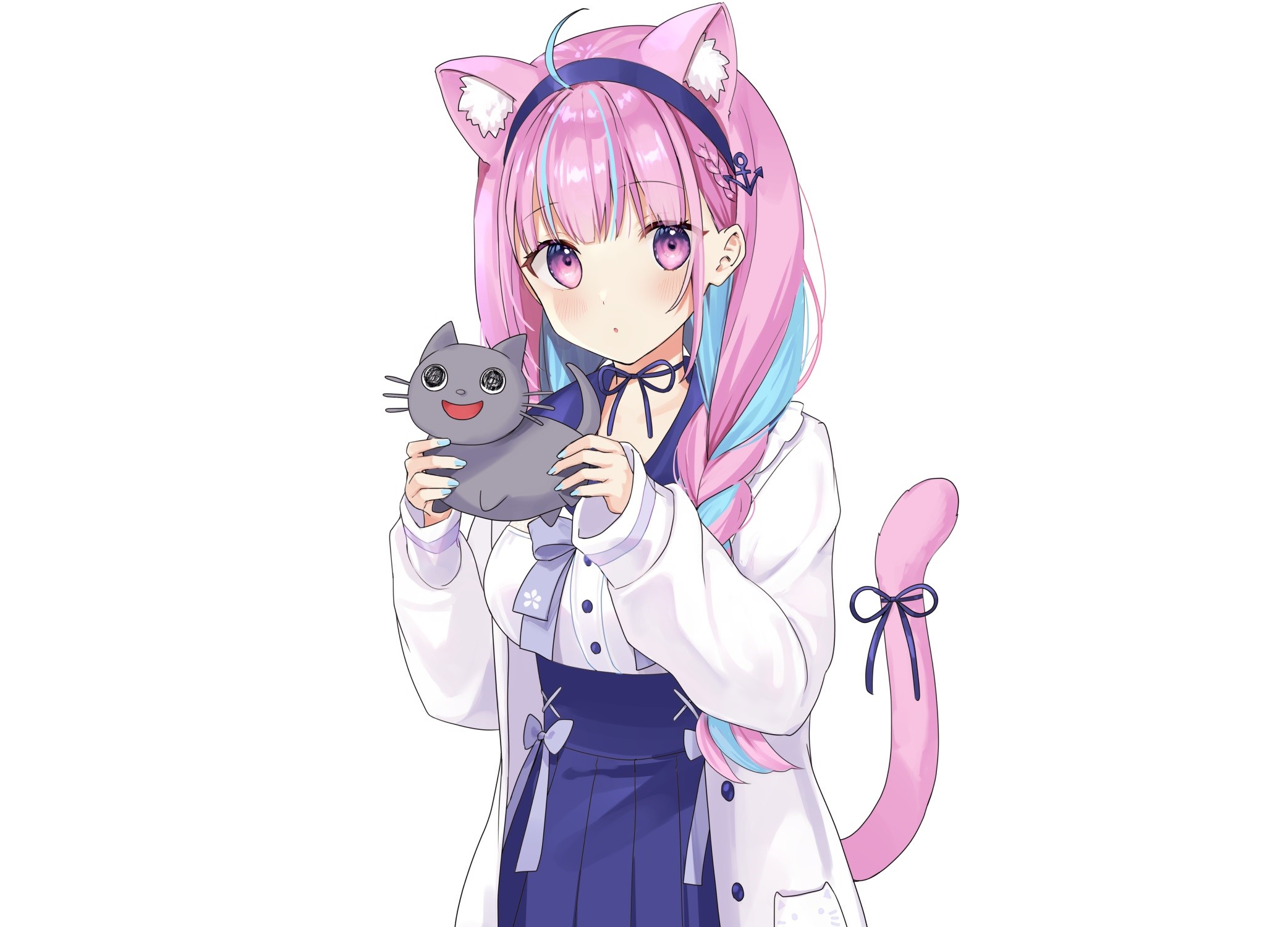 Hololive, cat girl, anime girls, blush, tail, purple hair, Minato Aqua, purple eyes, Rimo, animal ears HD Wallpaper
